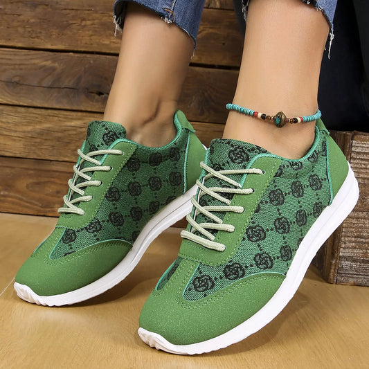 Green patterned lace-up comfort sneakers with flat sole