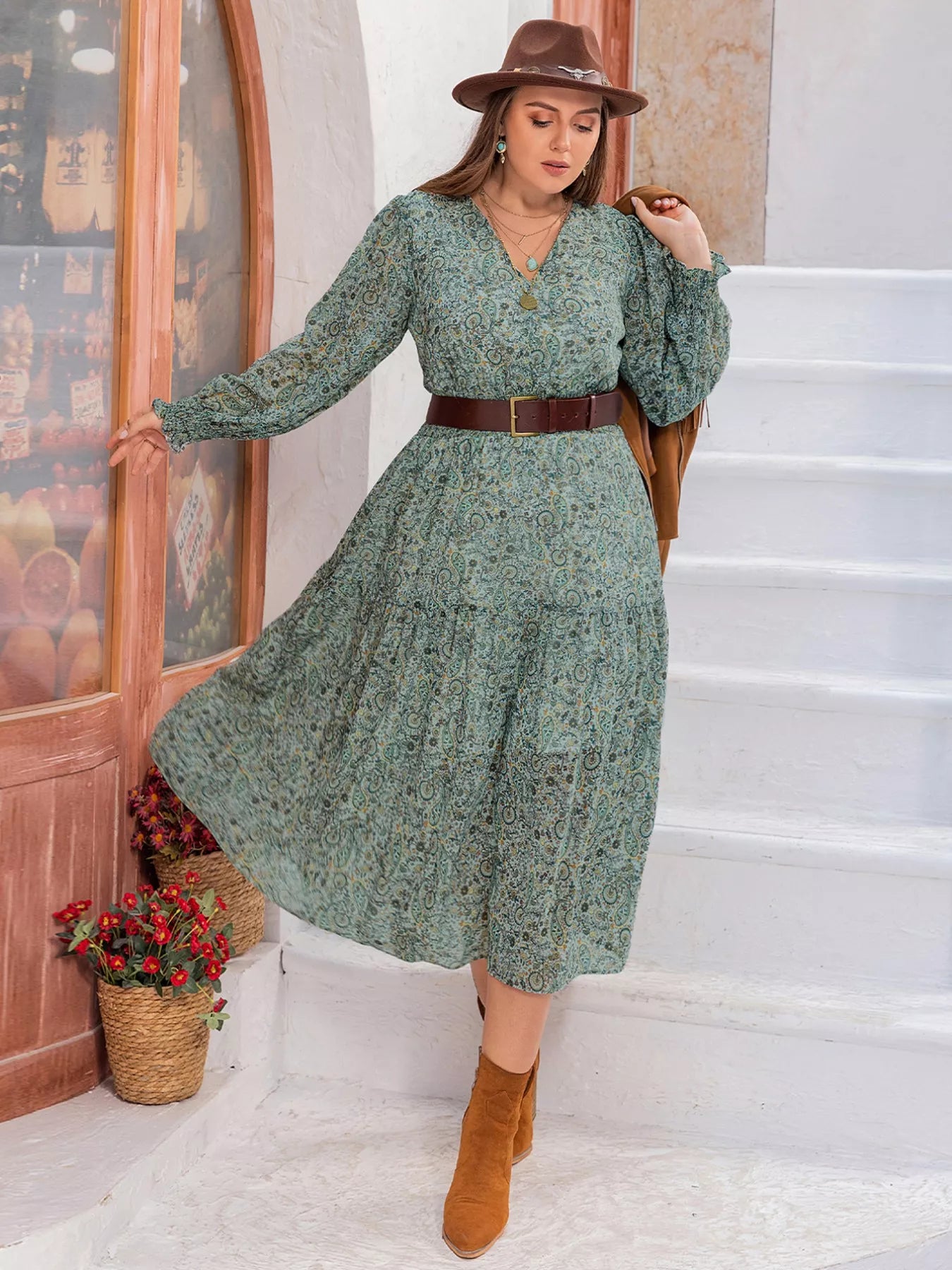 Plus size green paisley print midi dress with smocked waist and long sleeves