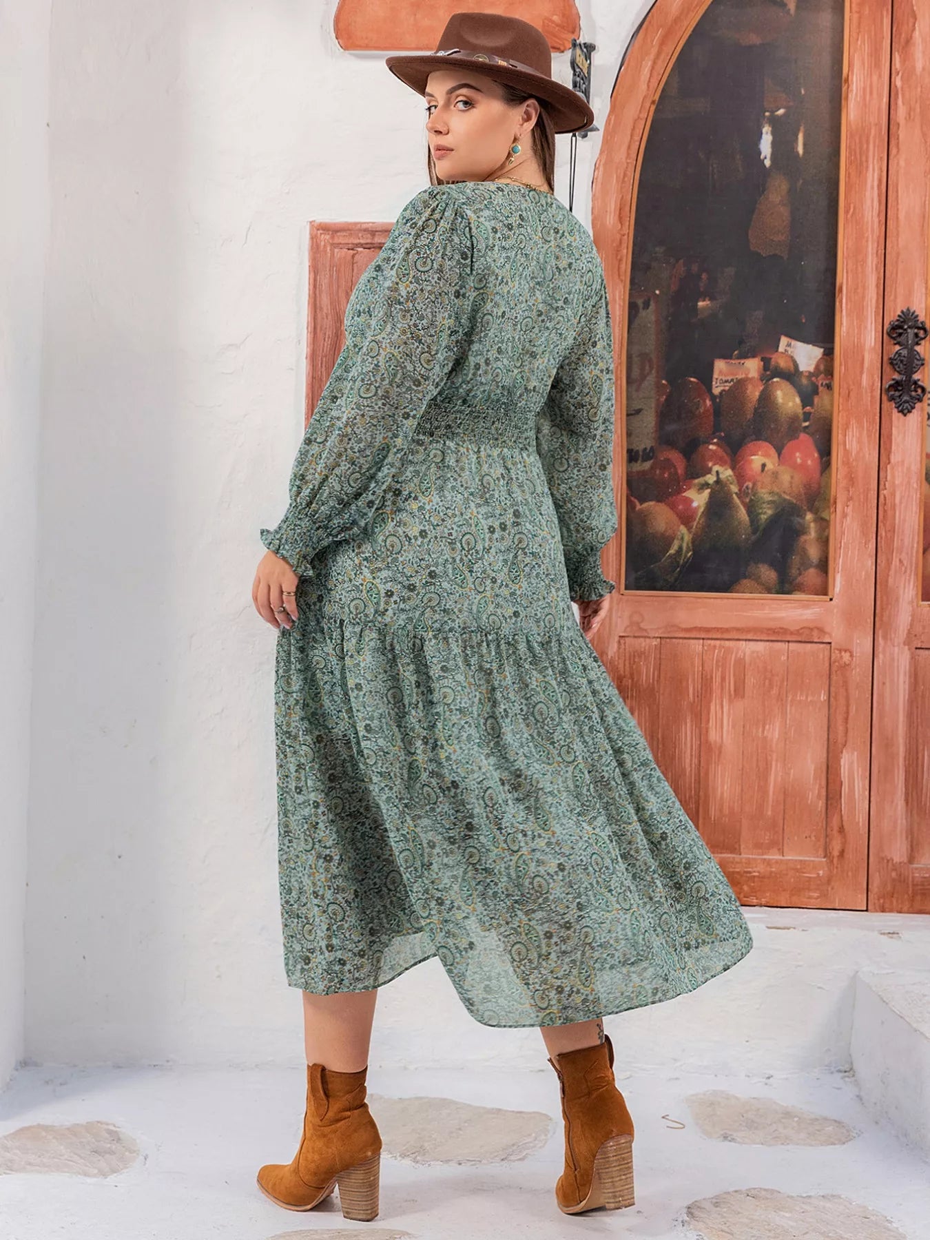 Plus size green paisley print midi dress with smocked waist and long sleeves