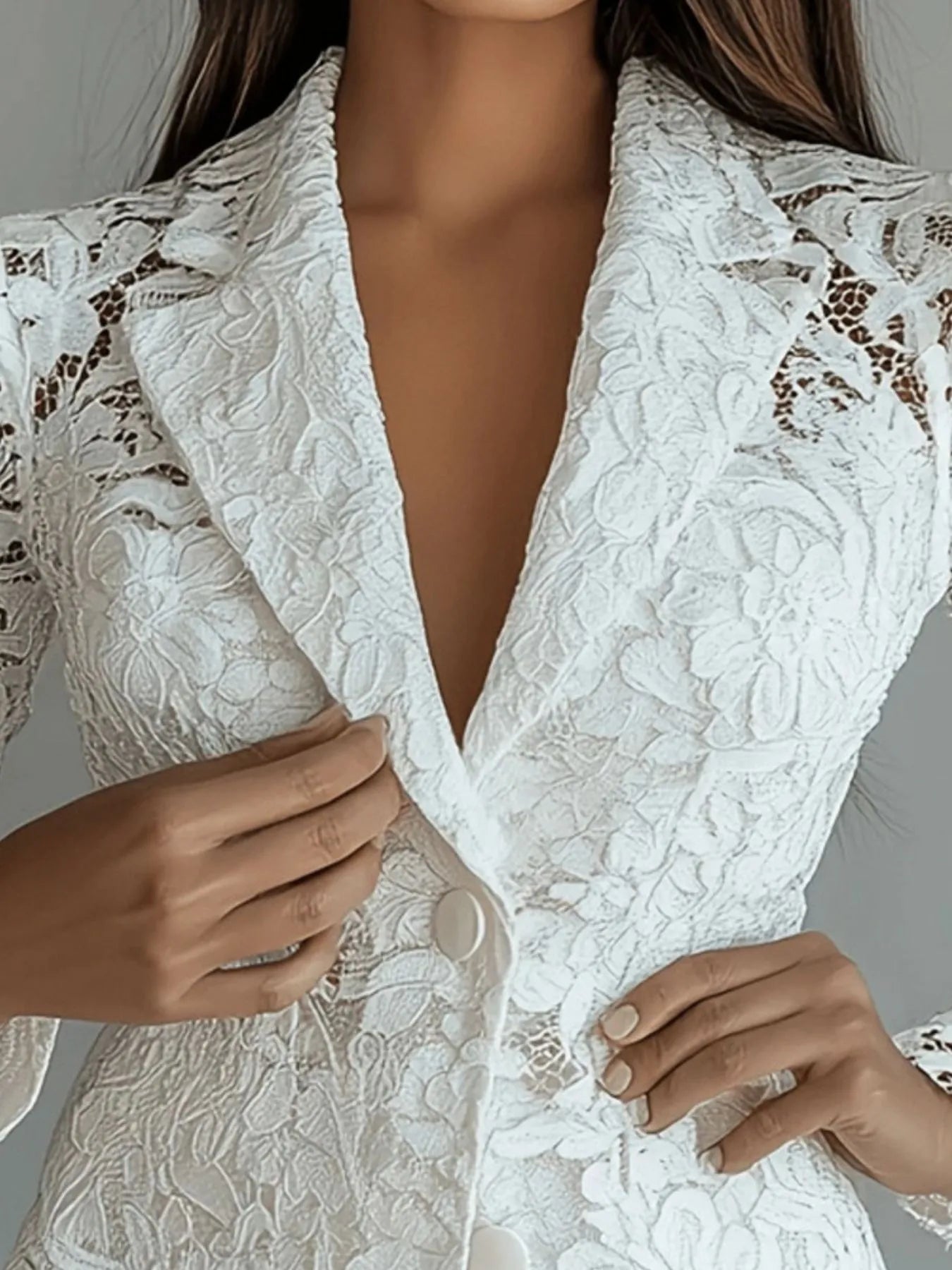 White floral lace single-breasted blazer with tailored fit and button closure – Enchanted Lace Blazer from A Whimsical Affair.