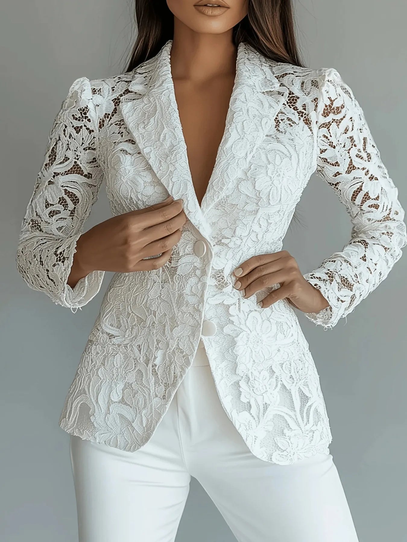 White floral lace single-breasted blazer with tailored fit and button closure – Enchanted Lace Blazer from A Whimsical Affair.