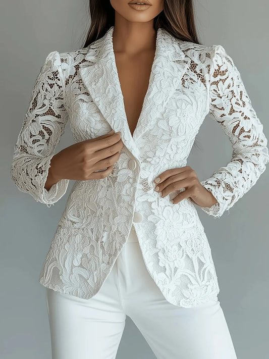 White floral lace single-breasted blazer with tailored fit and button closure – Enchanted Lace Blazer from A Whimsical Affair.