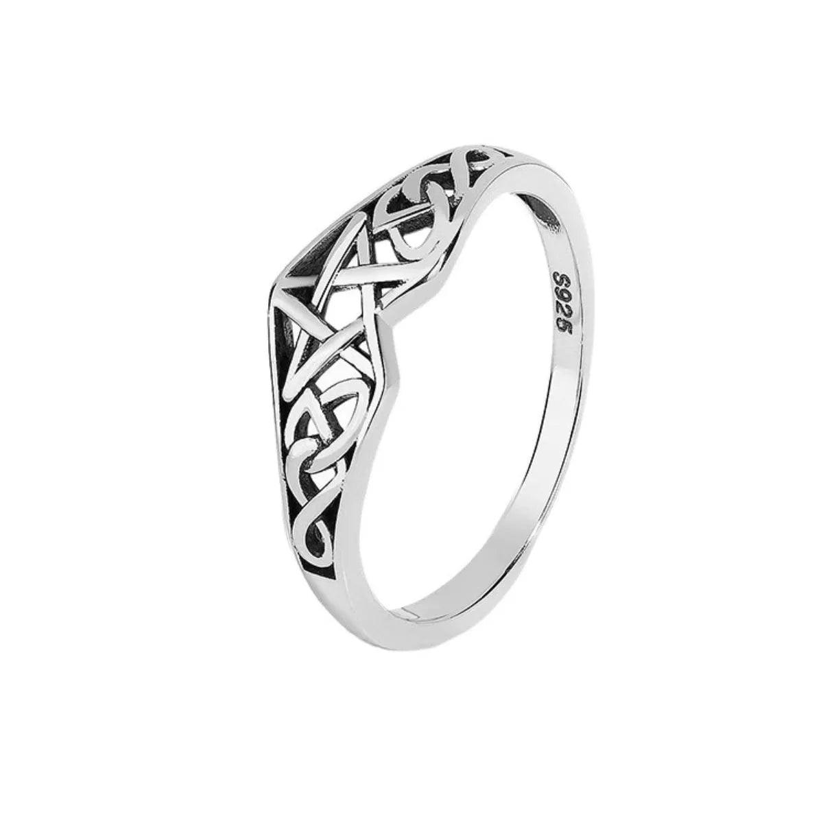 Sterling silver Celtic knot ring with intricate infinity design, crafted in 925 silver and platinum-plated for a polished shine.