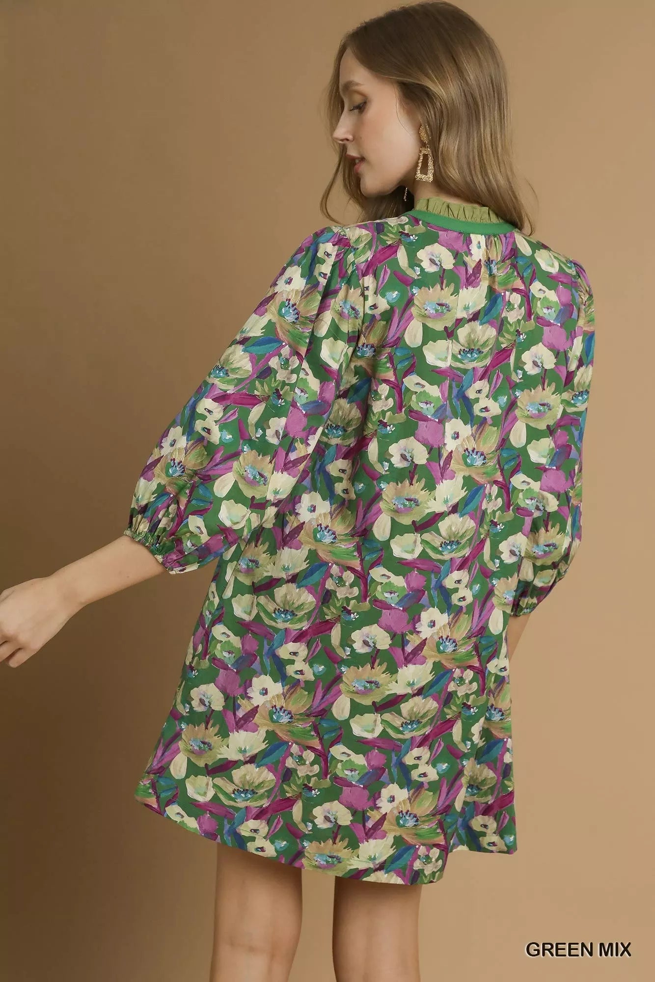 Green floral mini dress with balloon sleeves and buttoned shirt-dress design – Evergreen Bloom style from A Whimsical Affair.