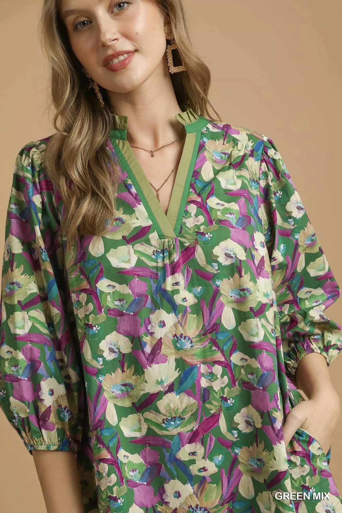 Green floral mini dress with balloon sleeves and buttoned shirt-dress design – Evergreen Bloom style from A Whimsical Affair.