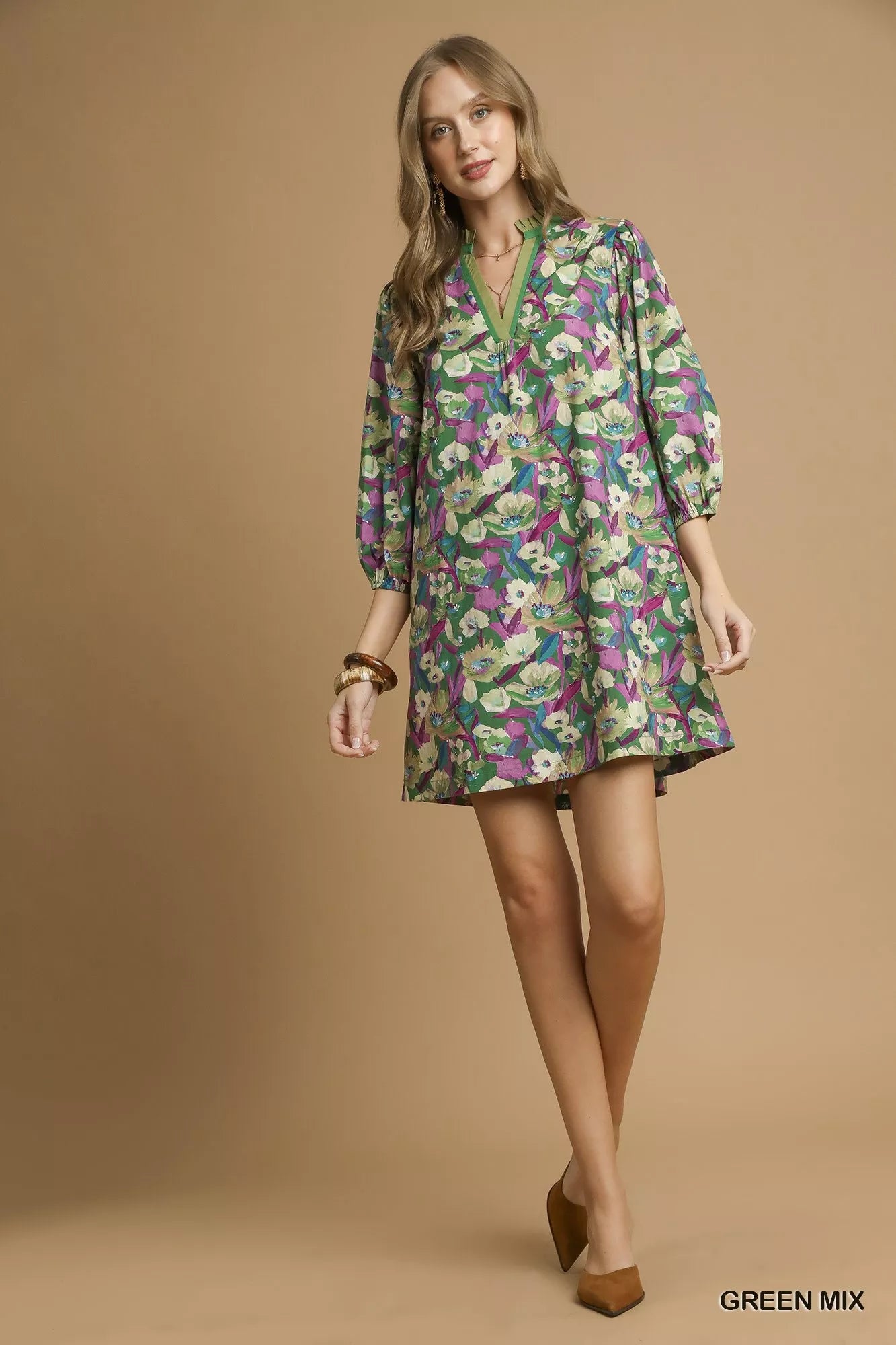 Green floral mini dress with balloon sleeves and buttoned shirt-dress design – Evergreen Bloom style from A Whimsical Affair.