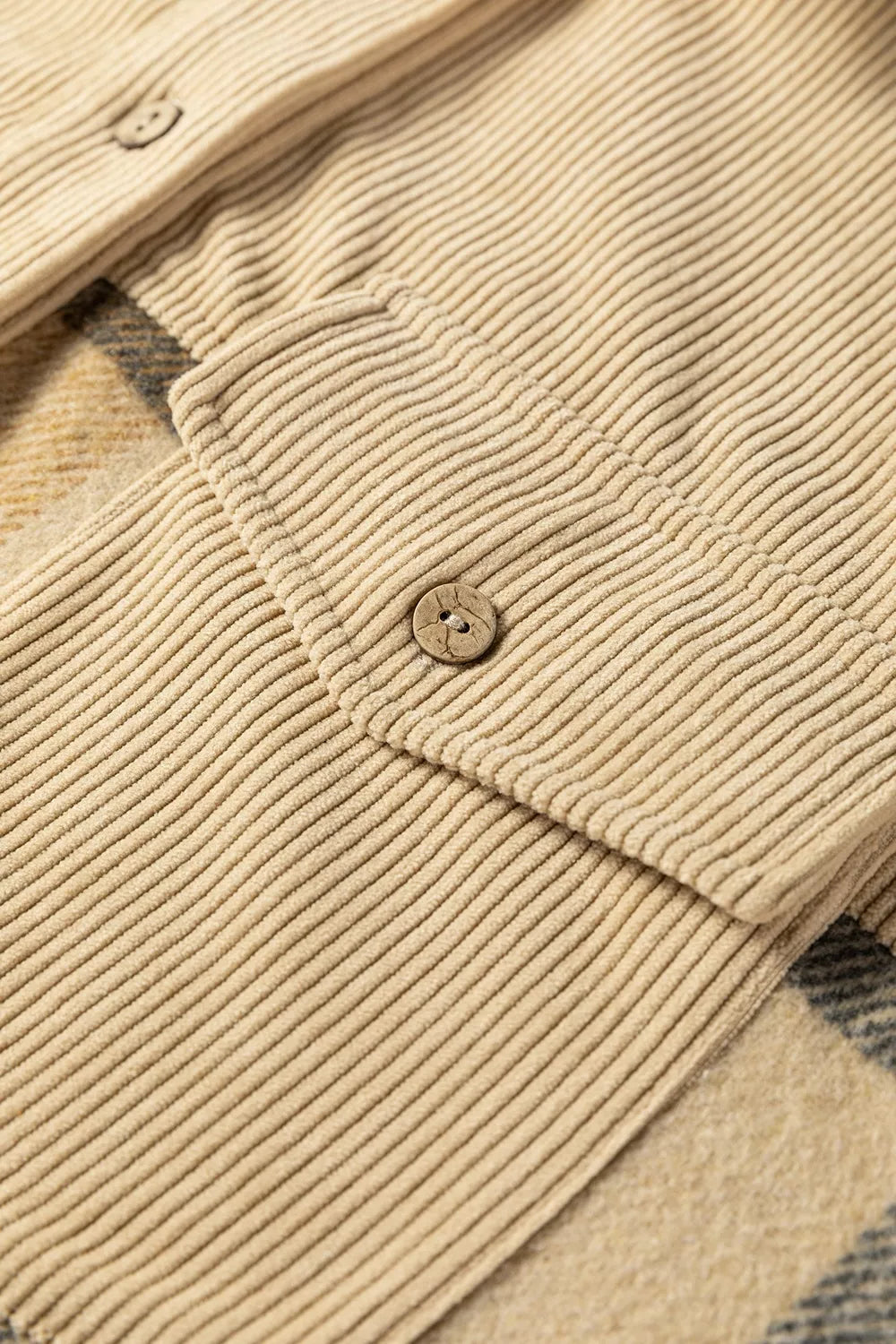 Plaid and corduroy button-front shacket with pockets, relaxed fit, normal thickness, and cozy earthy everyday styling.