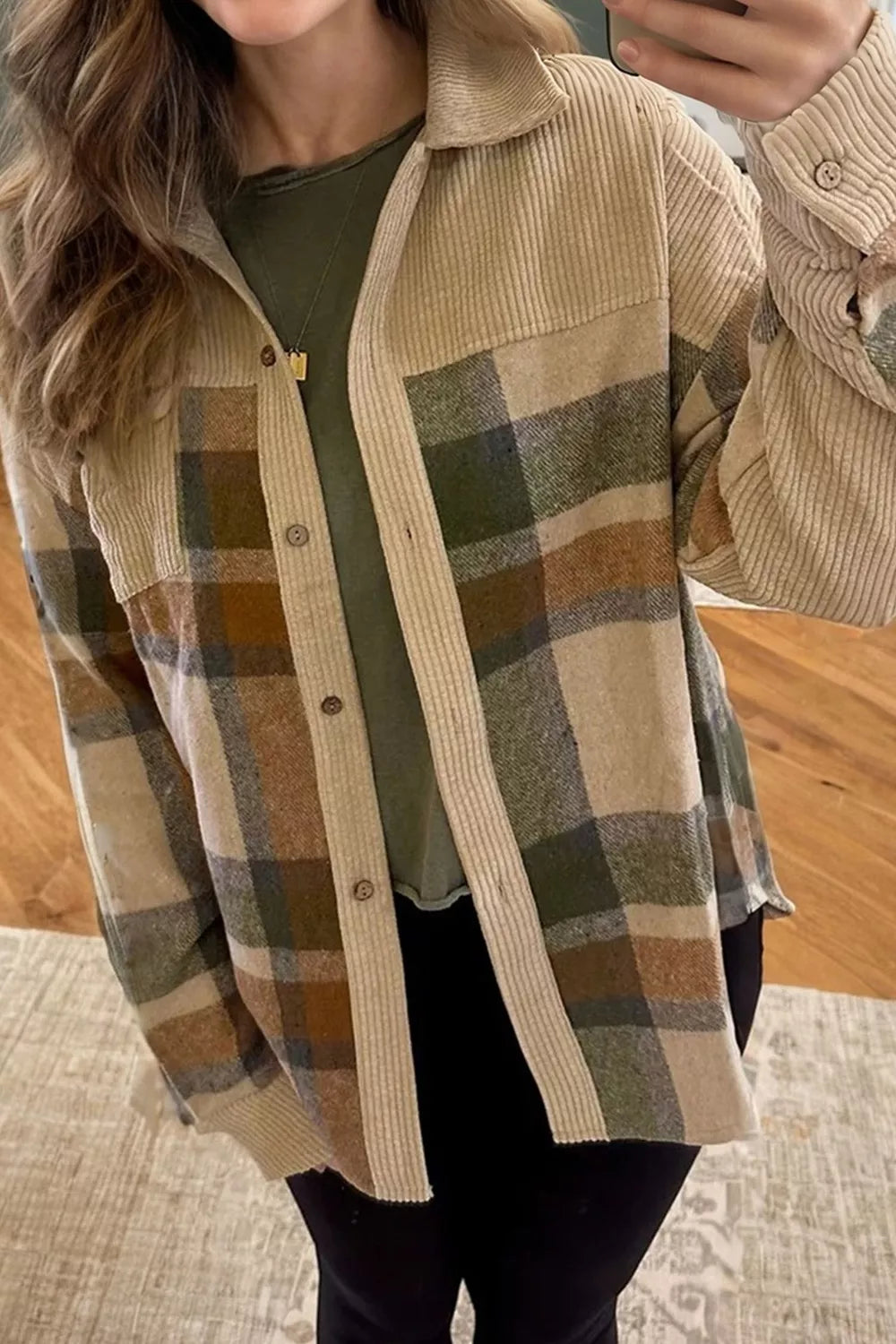 Plaid and corduroy button-front shacket with pockets, relaxed fit, normal thickness, and cozy earthy everyday styling.