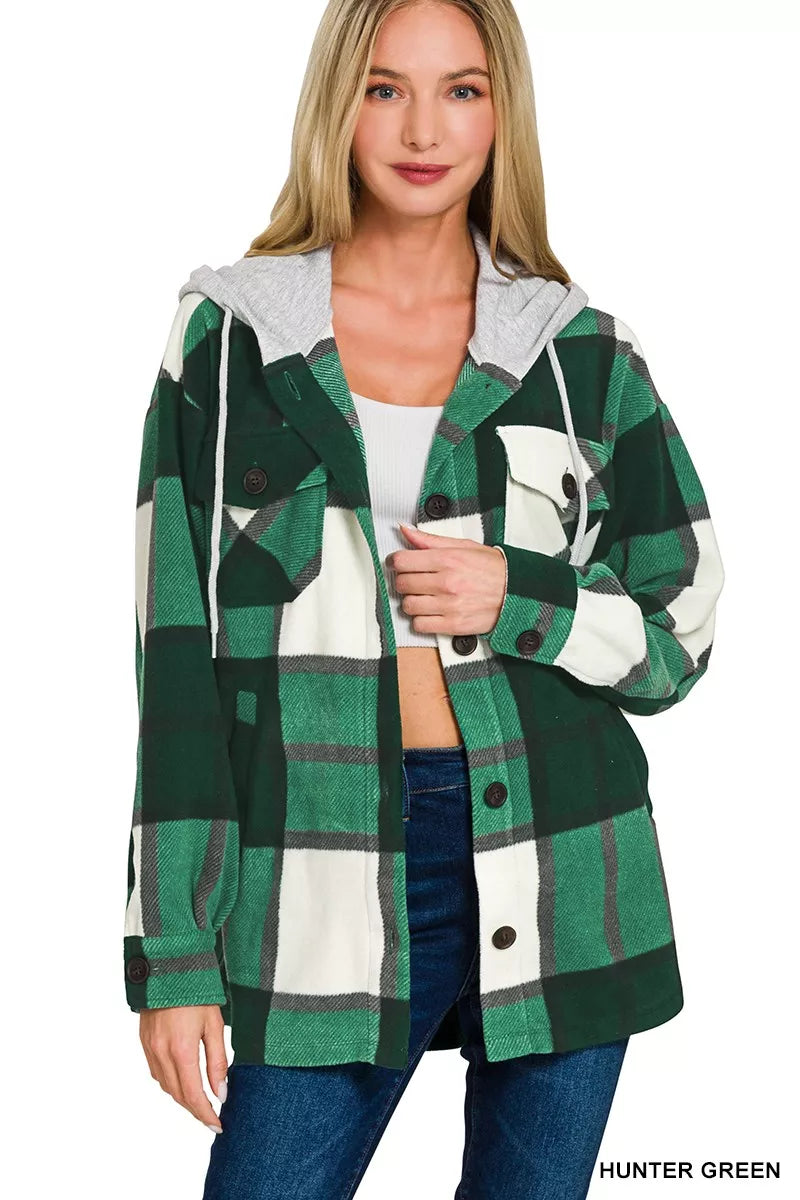 Hunter green plaid hooded fleece shacket with button front and pockets.