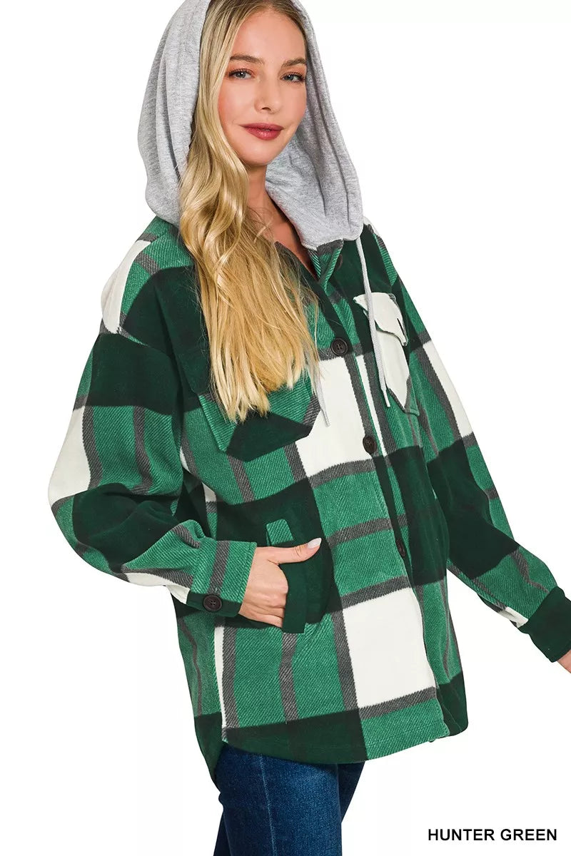Hunter green plaid hooded fleece shacket with button front and pockets.