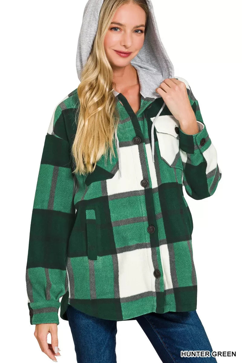 Hunter green plaid hooded fleece shacket with button front and pockets.