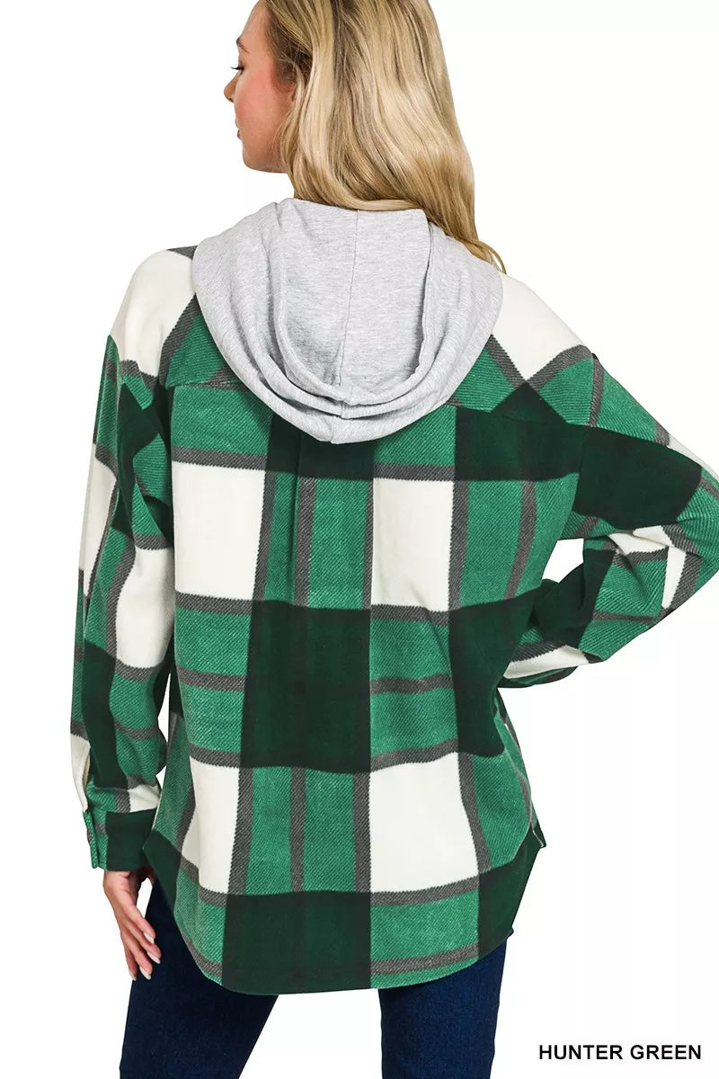 Hunter green plaid hooded fleece shacket with button front and pockets.