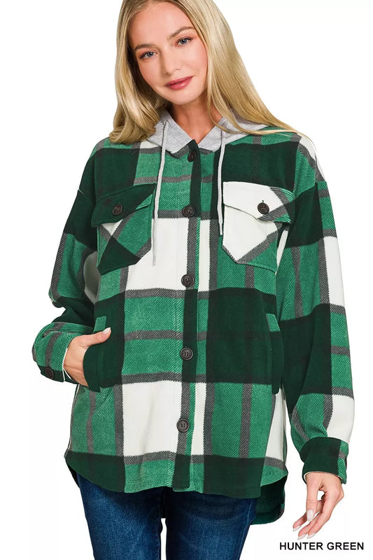 Hunter green plaid hooded fleece shacket with button front and pockets.