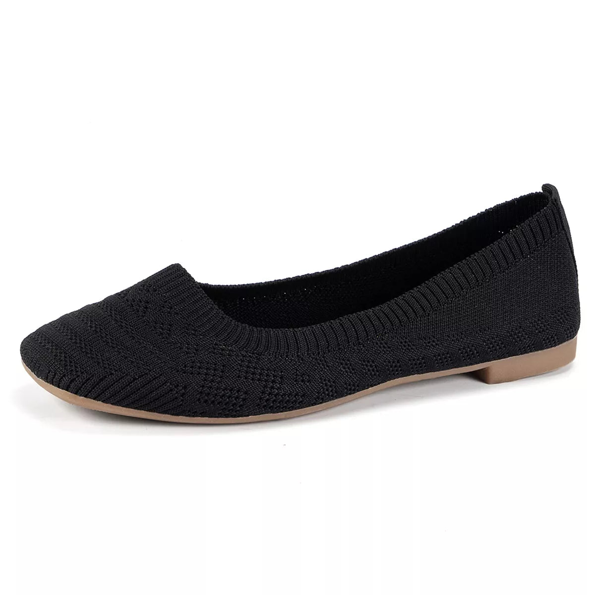 Black knit square toe slip-on flats with low heel, displayed for casual everyday wear.
