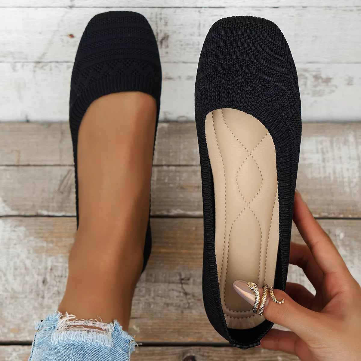 Black knit square toe slip-on flats with low heel, displayed for casual everyday wear.