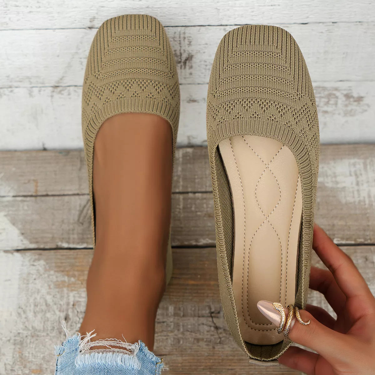 Khaki knit square toe slip-on flats with low heel, lightweight and breathable design.