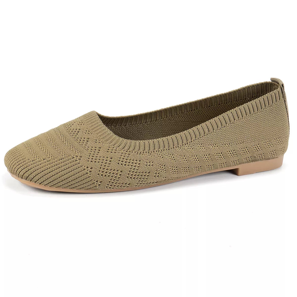 Khaki knit square toe slip-on flats with low heel, lightweight and breathable design.