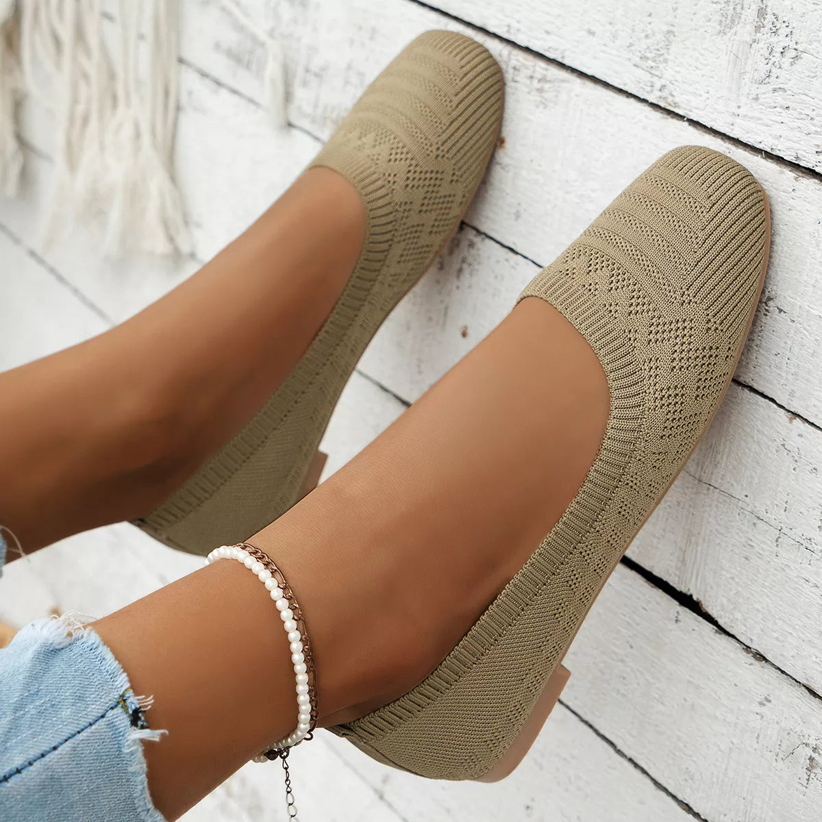 Khaki knit square toe slip-on flats with low heel, lightweight and breathable design.