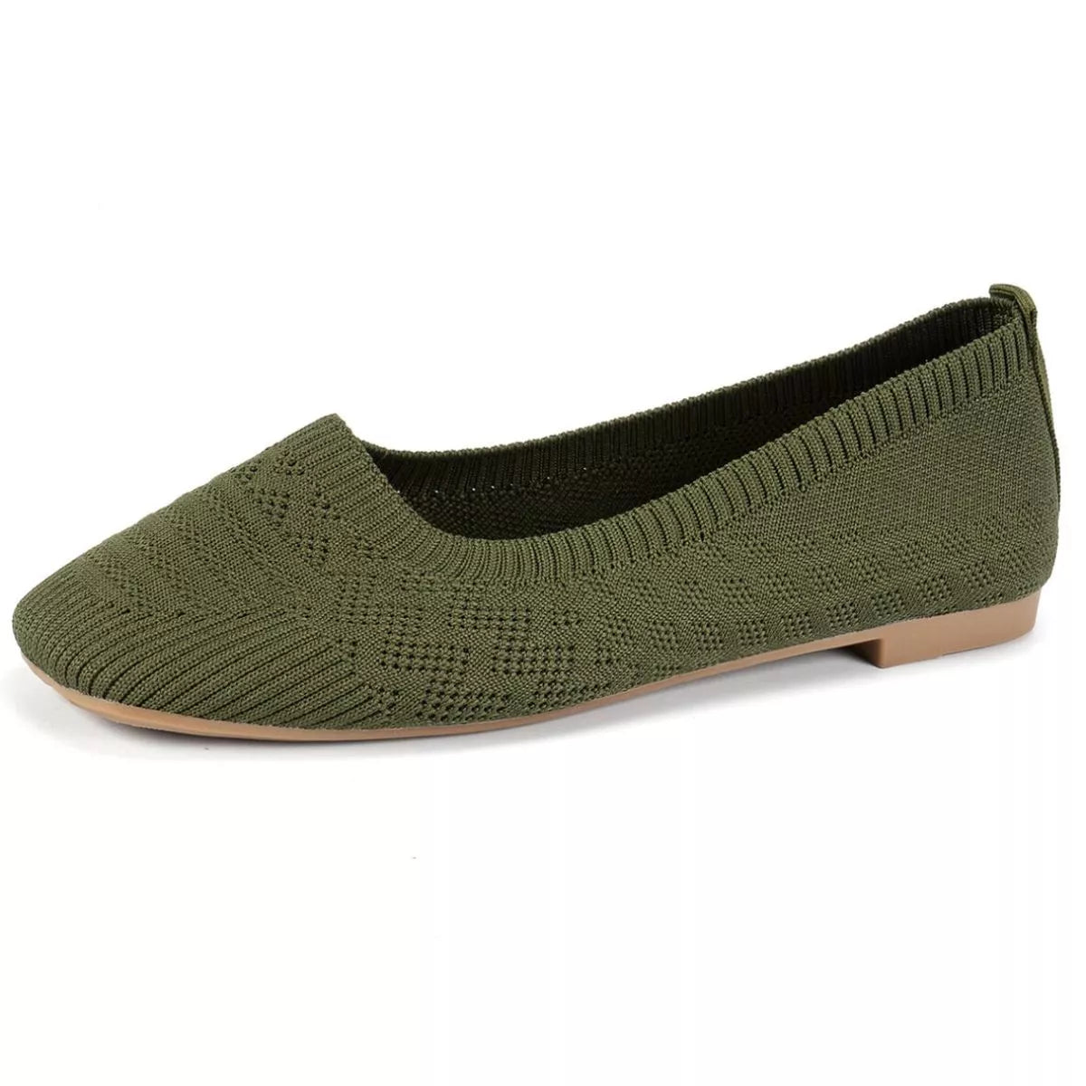 Olive green knit square toe slip-on flats with low heel, styled for versatile comfort.