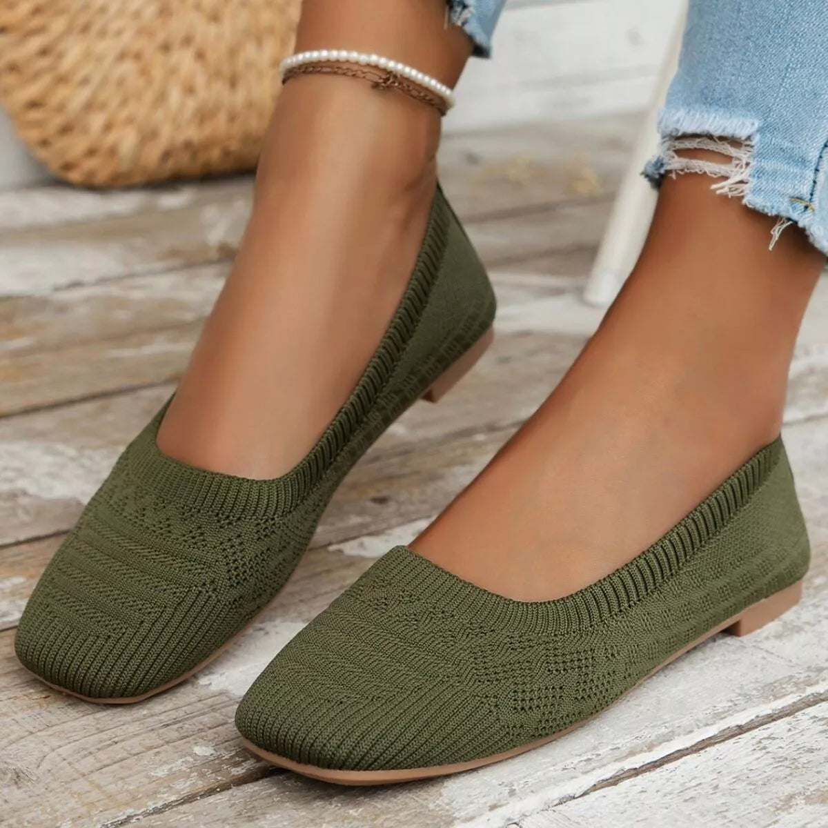 Olive green knit square toe slip-on flats with low heel, styled for versatile comfort.