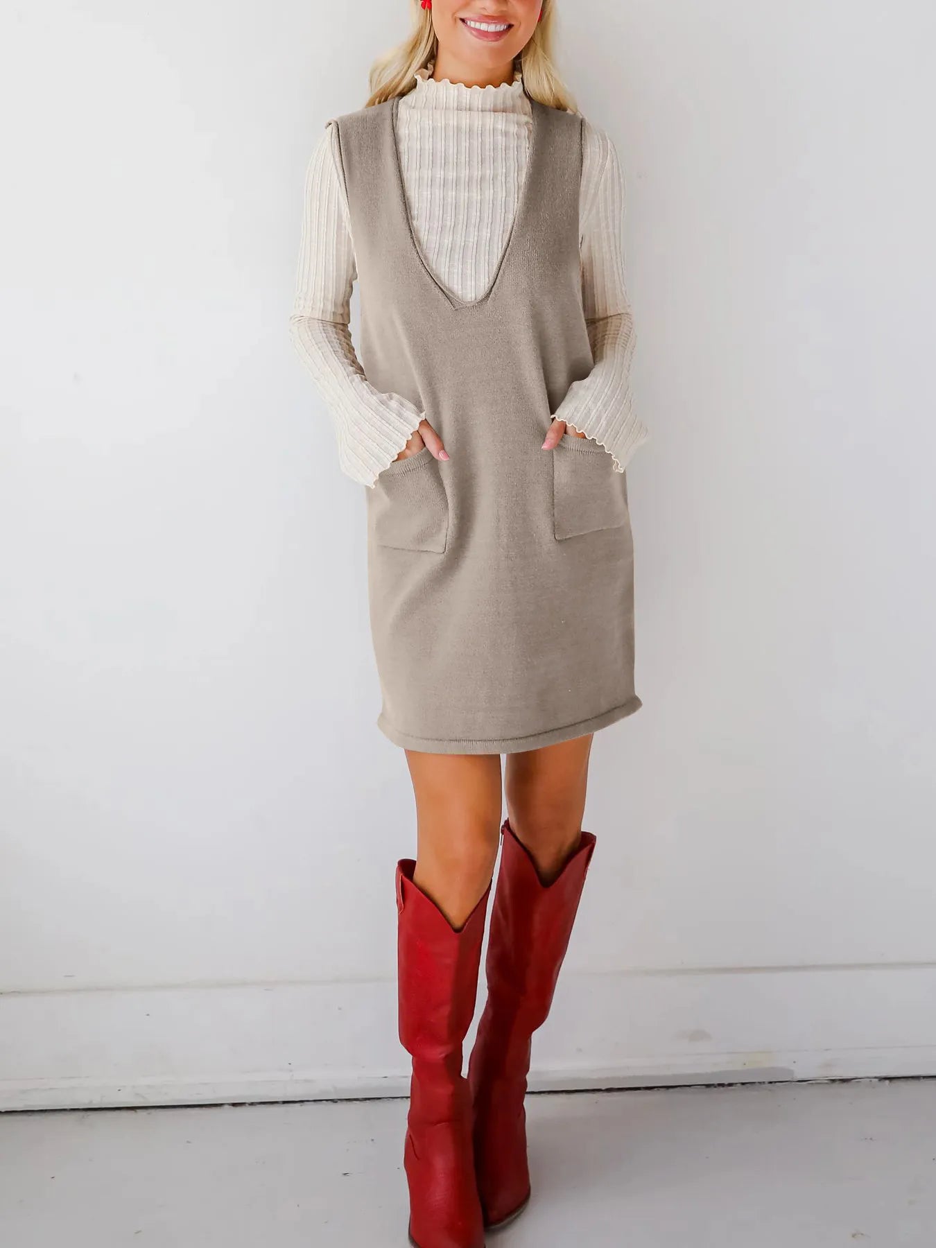 Everyday Muse Pocket Dress in apricot – sleeveless knit dress with side pockets from A Whimsical Affair.