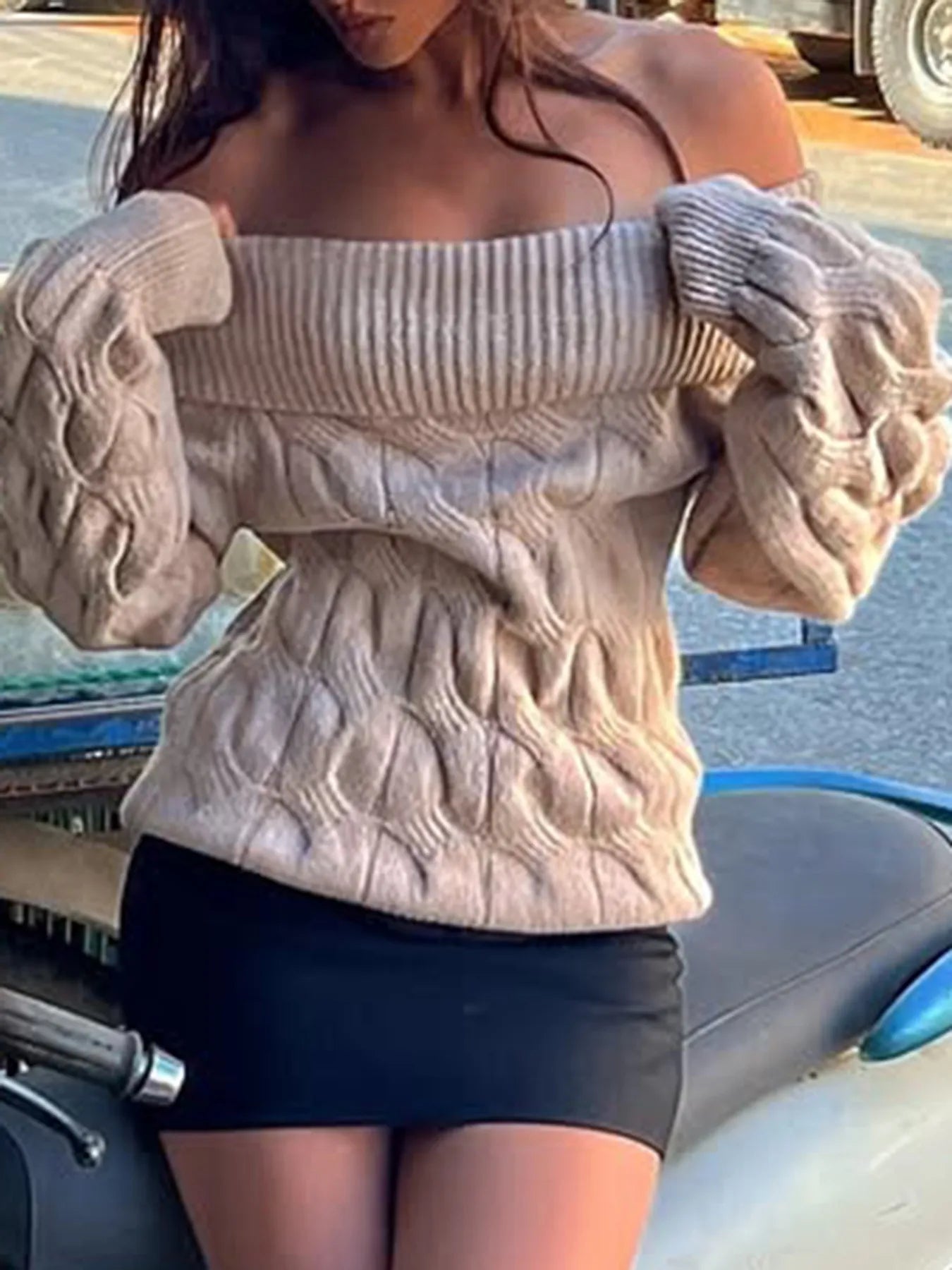 Falling For You Off-Shoulder Cable Knit Sweater in khaki – earthy chic off-shoulder knit