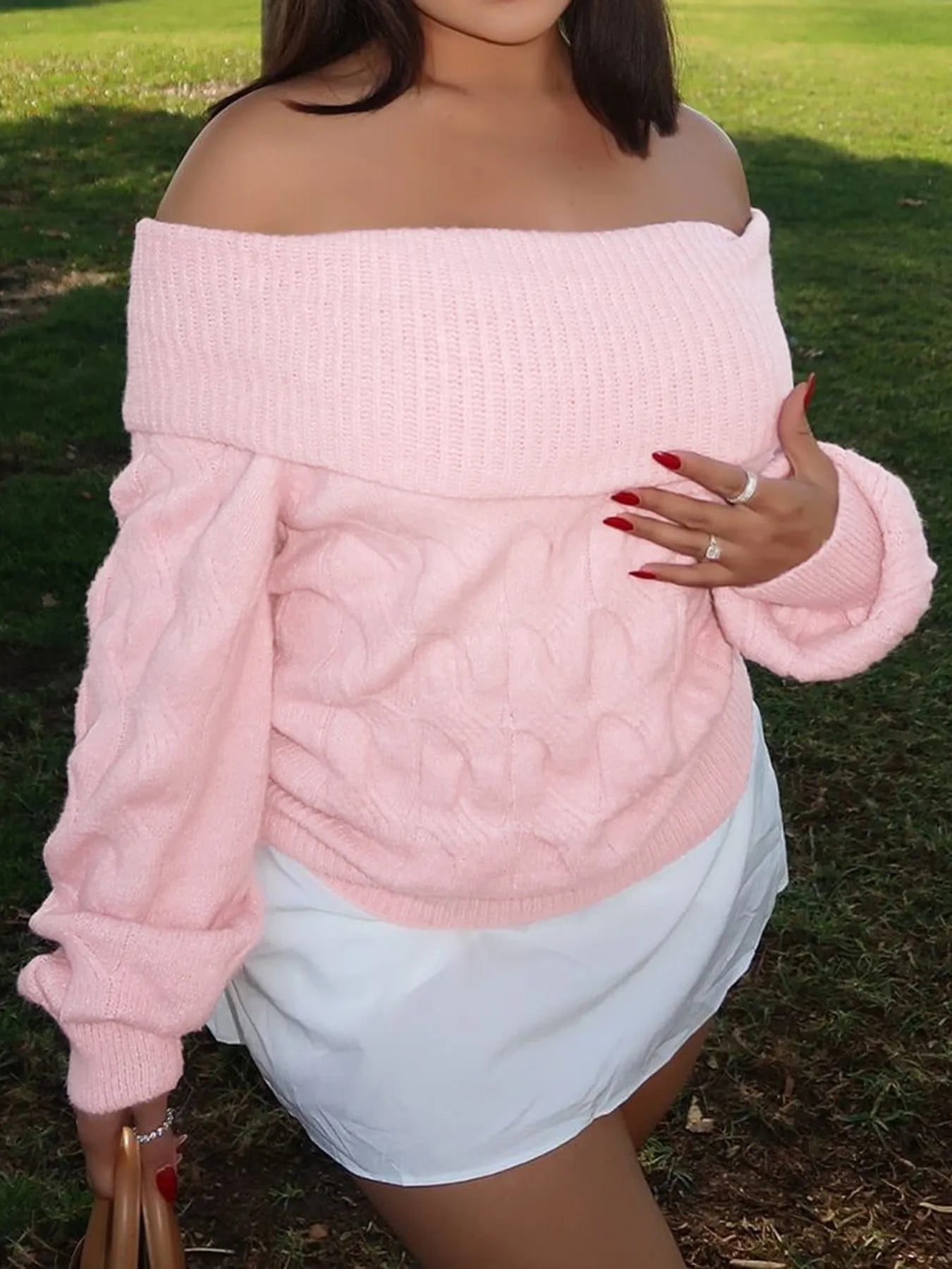 Falling For You Off-Shoulder Cable Knit Sweater in pink – soft romantic knit top