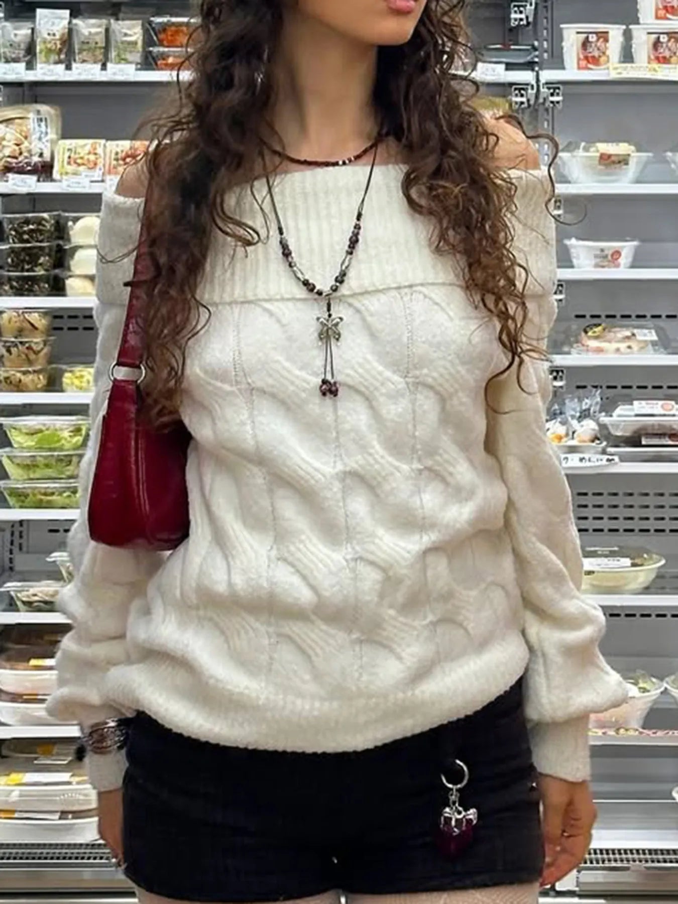 Falling For You Off-Shoulder Cable Knit Sweater in white – cozy feminine fall knit