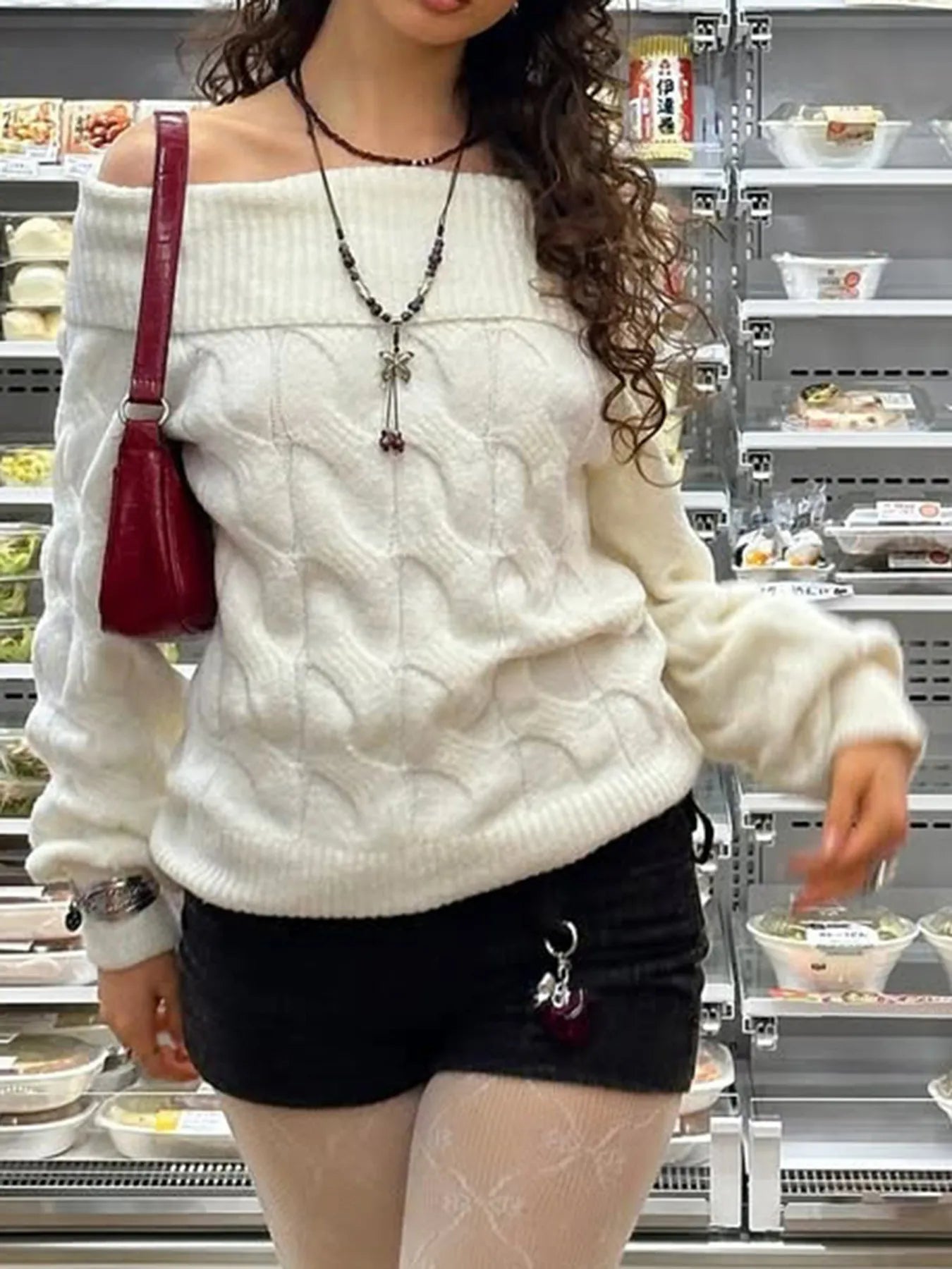 Falling For You Off-Shoulder Cable Knit Sweater in white – cozy feminine fall knit