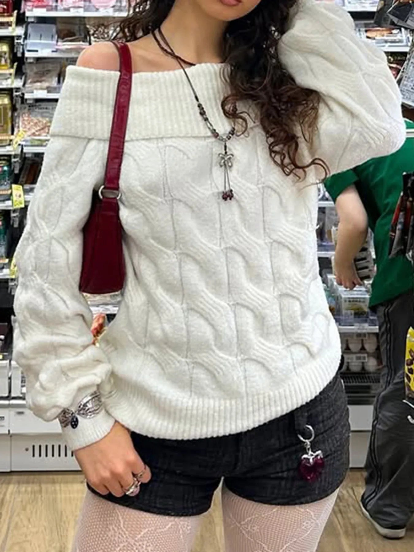 Falling For You Off-Shoulder Cable Knit Sweater in white – cozy feminine fall knit