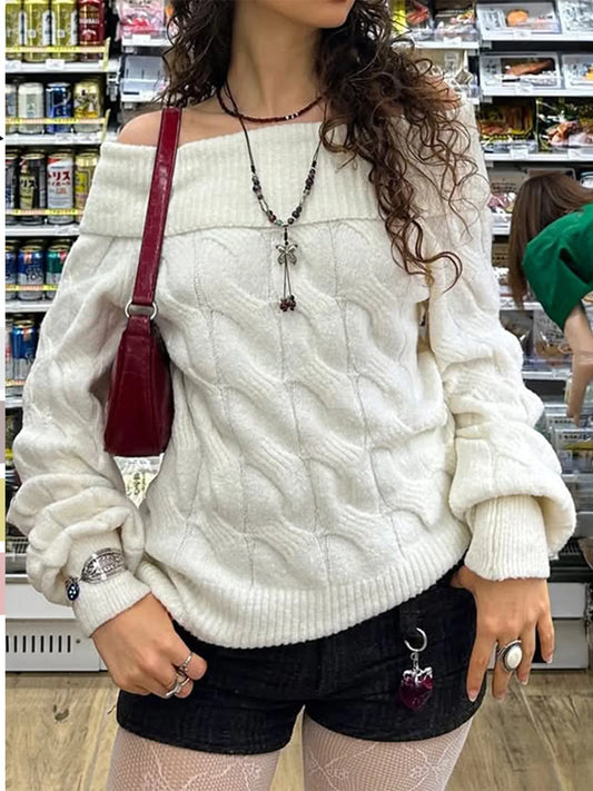 Falling For You Off-Shoulder Cable Knit Sweater in white – cozy feminine fall knit