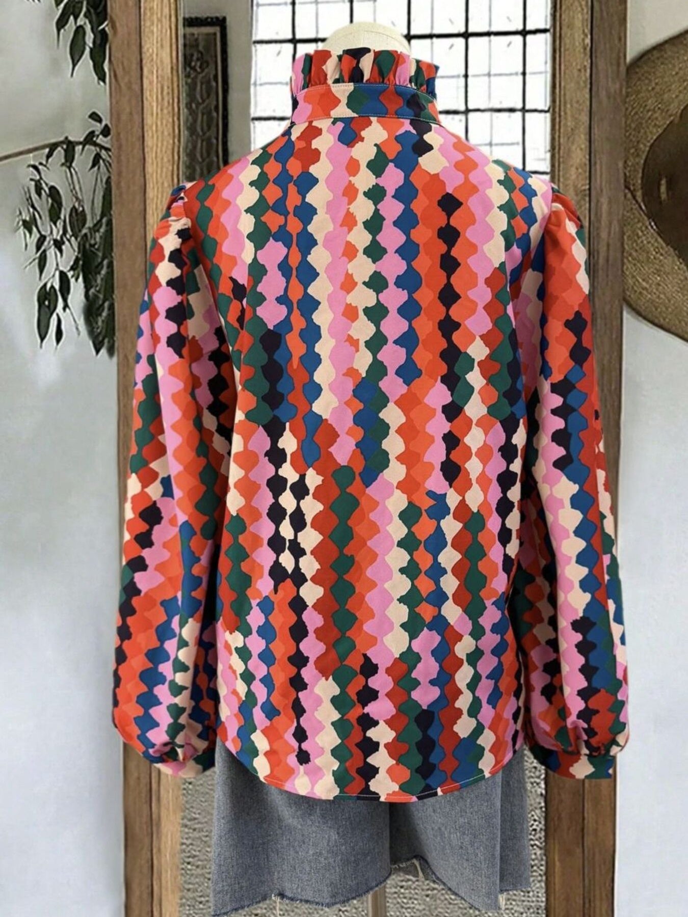 Multicolor abstract print blouse with puff sleeves and gathered neckline