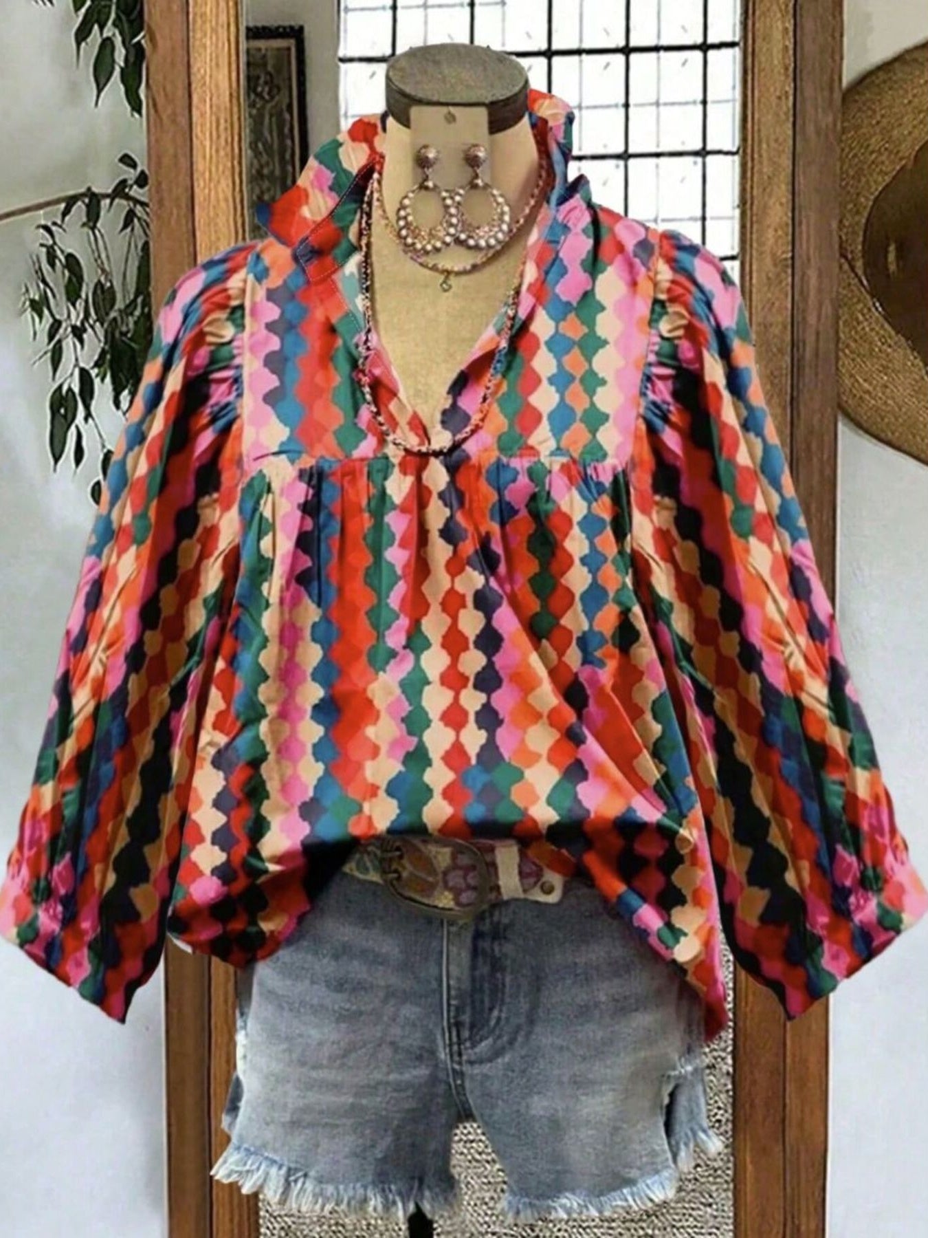 Multicolor abstract print blouse with puff sleeves and gathered neckline