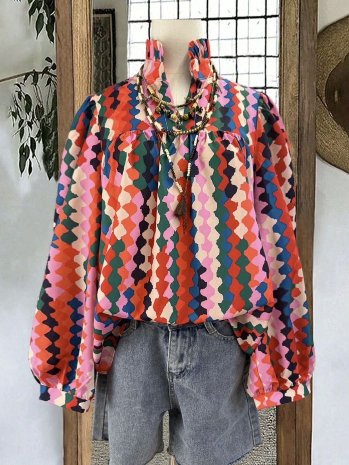 Multicolor abstract print blouse with puff sleeves and gathered neckline