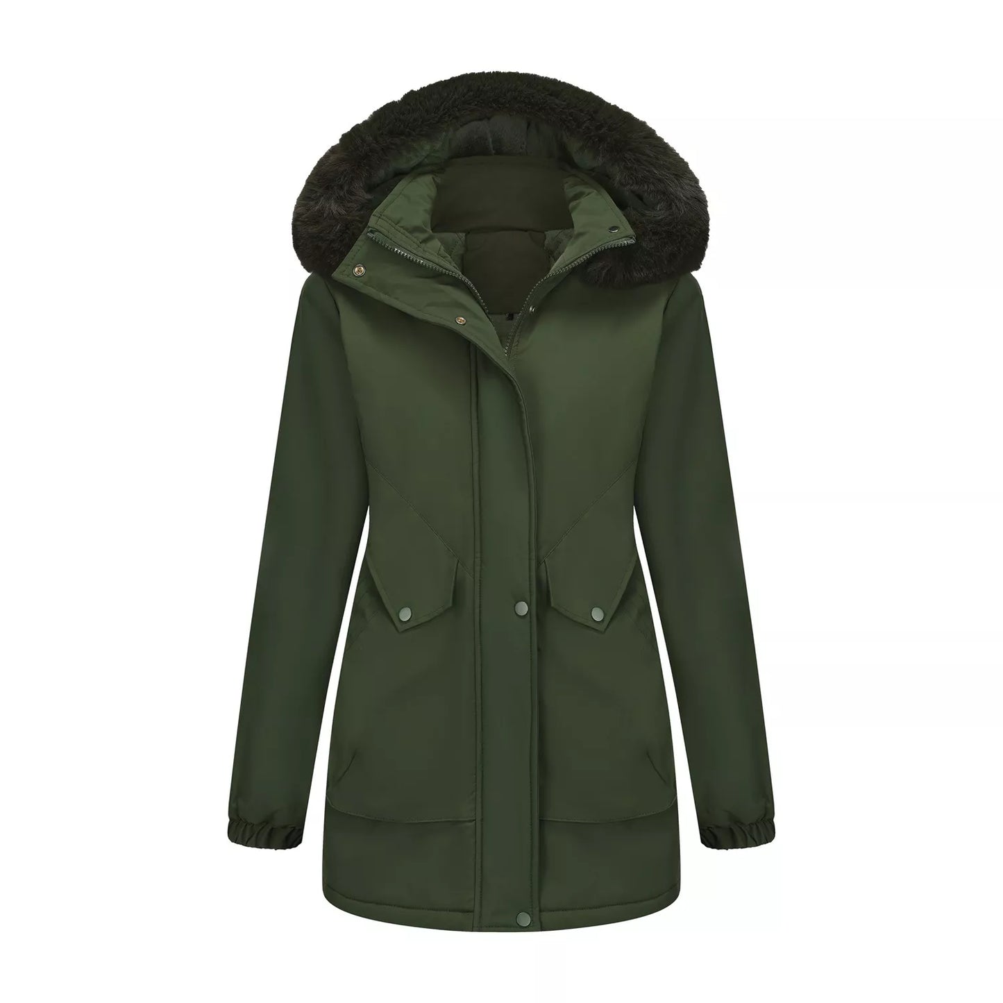 water-resistant winter parka with removable faux fur hood, quilted lining, and front pockets