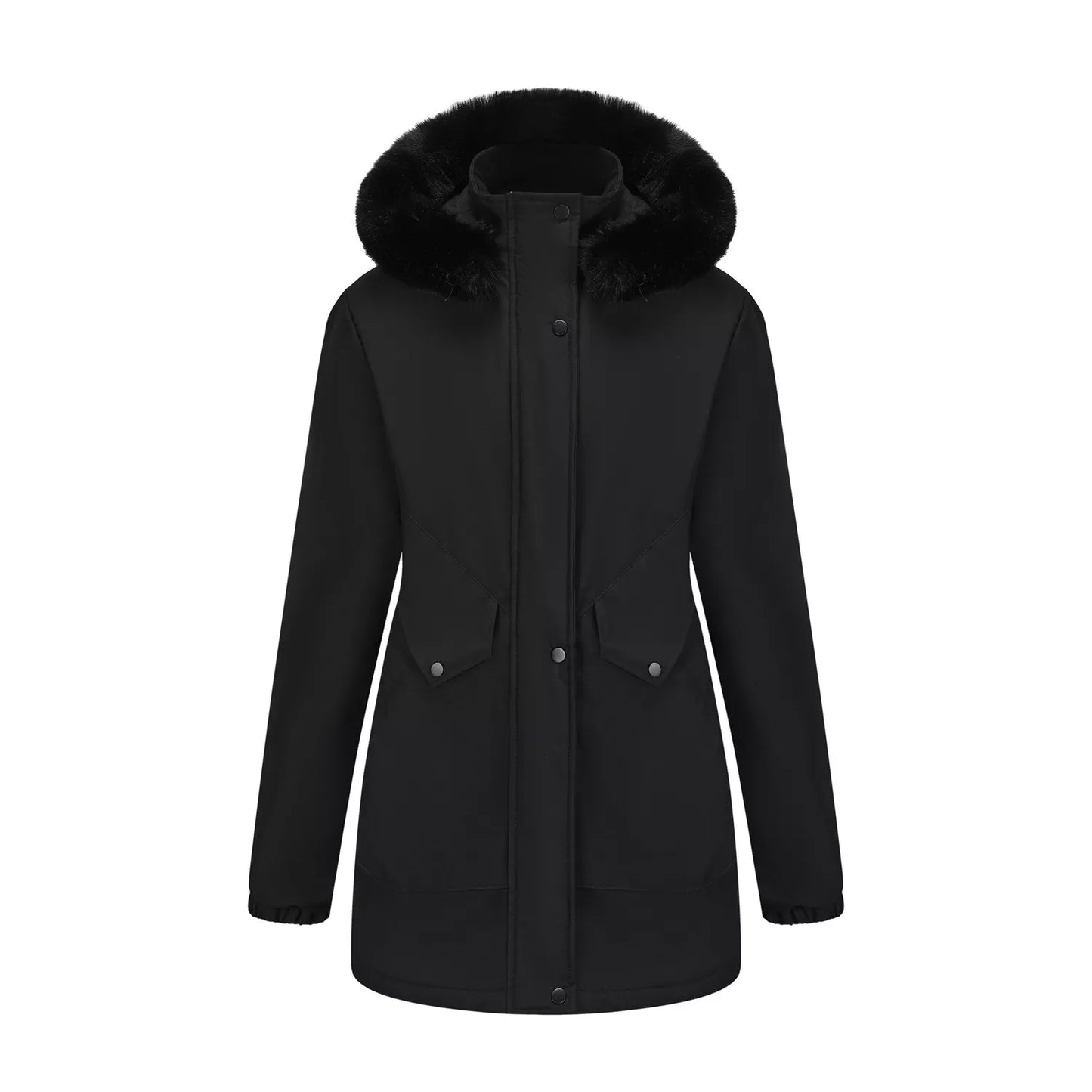 water-resistant winter parka with removable faux fur hood, quilted lining, and front pockets