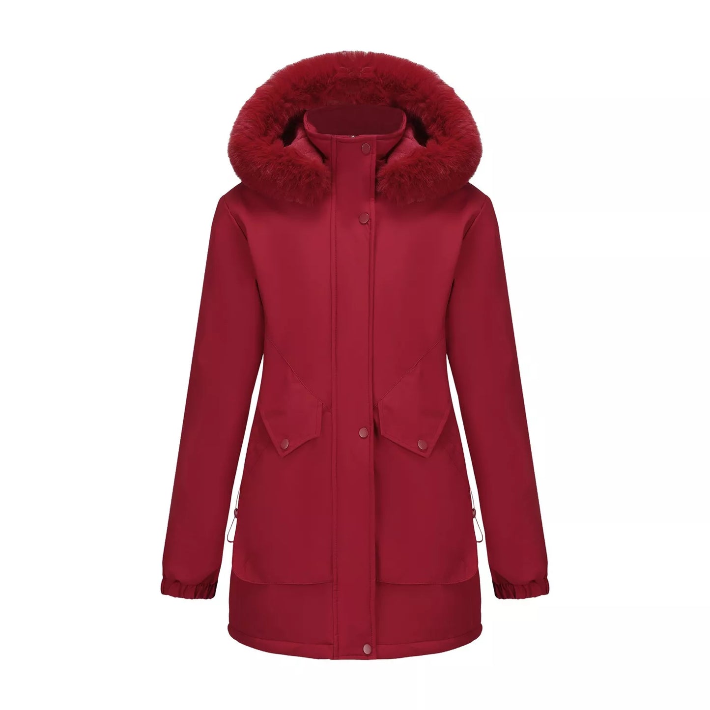 water-resistant winter parka with removable faux fur hood, quilted lining, and front pockets