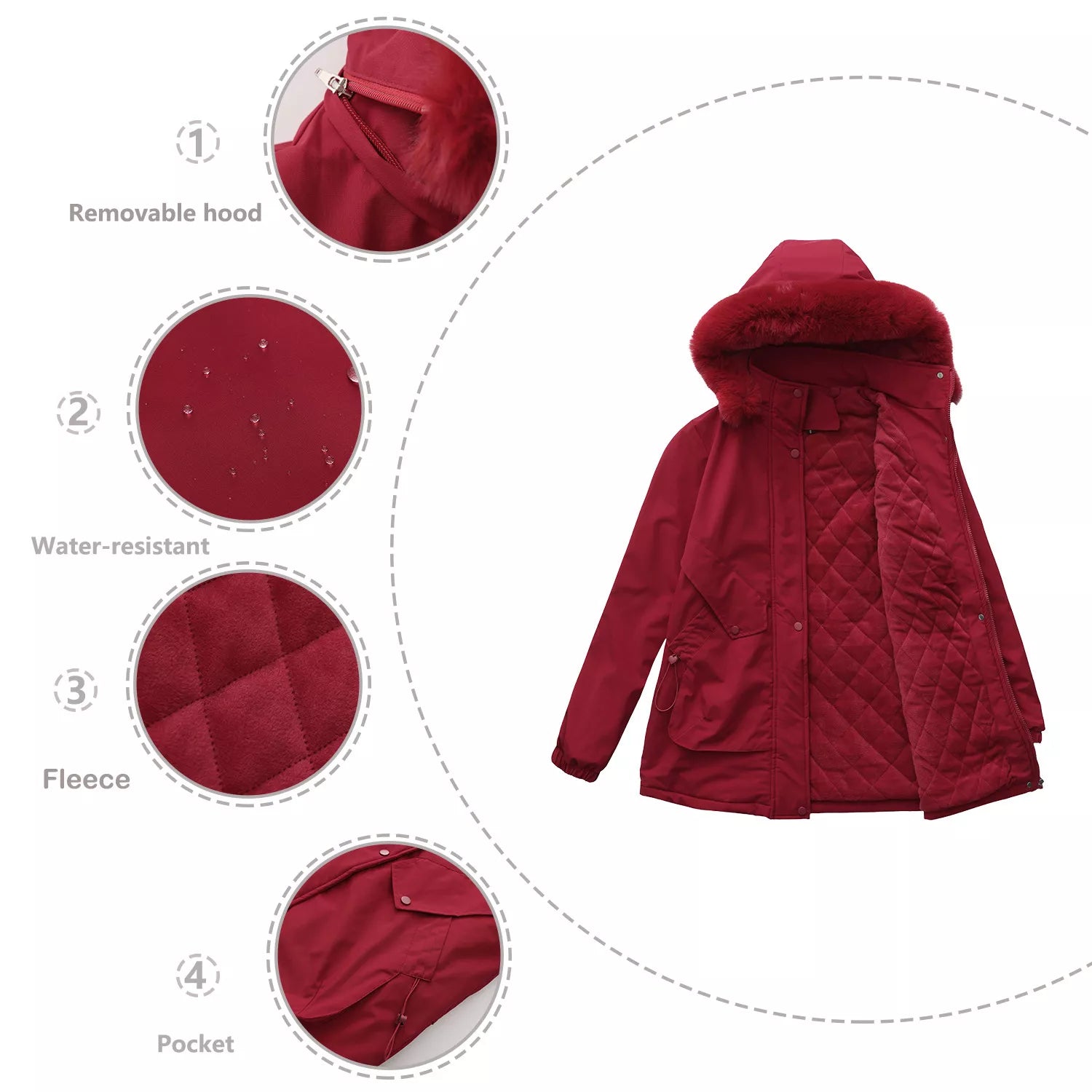 water-resistant winter parka with removable faux fur hood, quilted lining, and front pockets