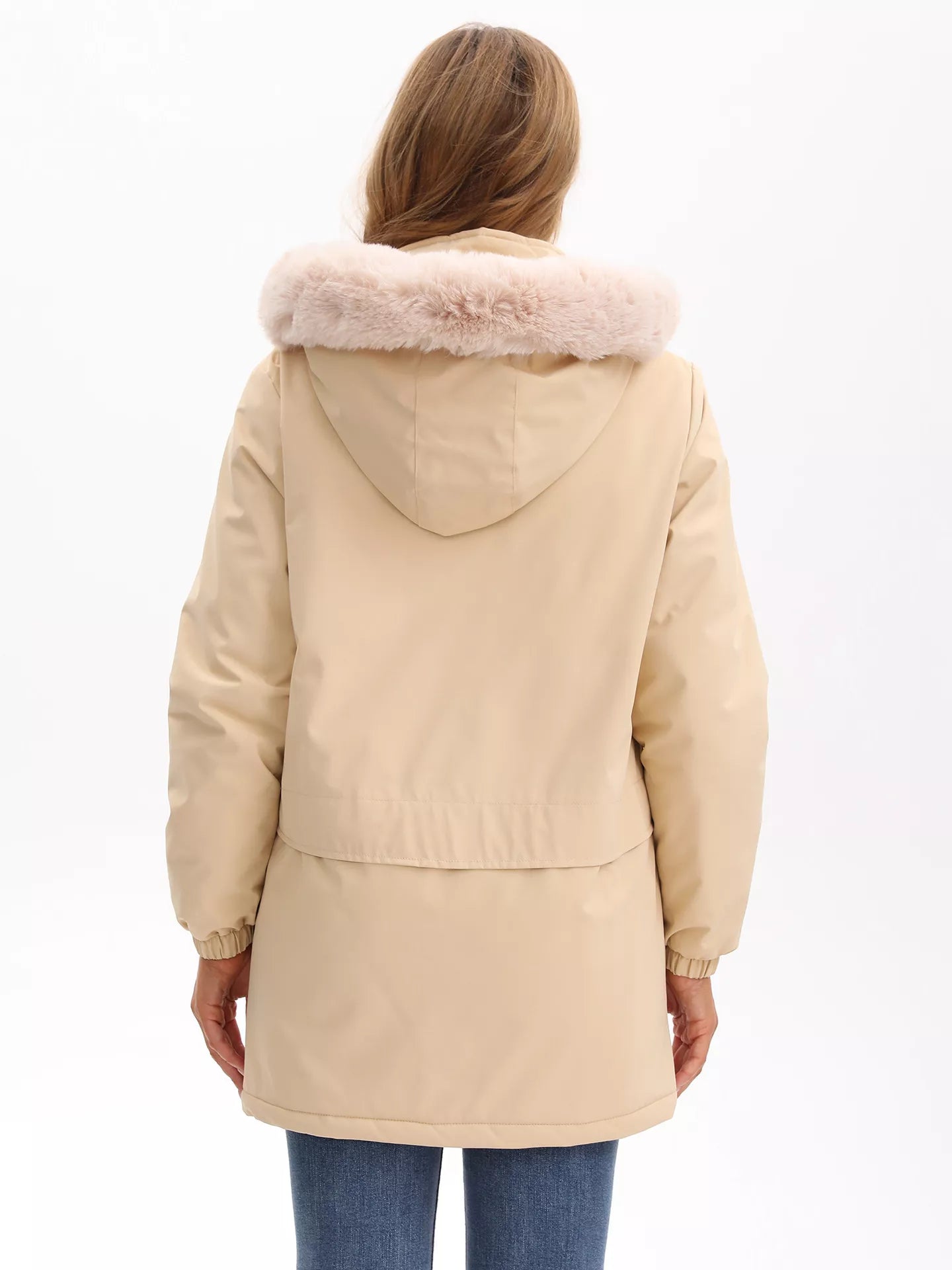 water-resistant winter parka with removable faux fur hood, quilted lining, and front pockets