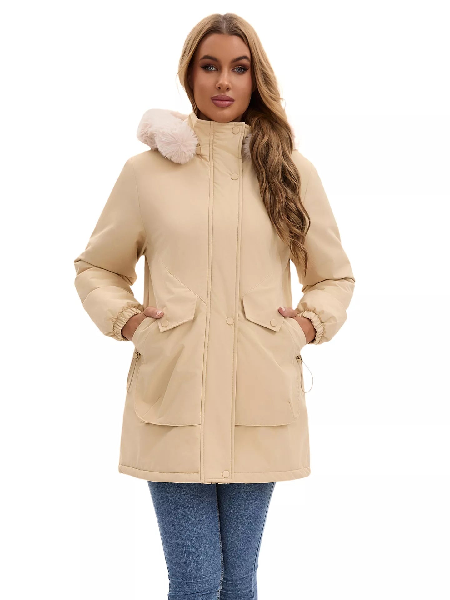 water-resistant winter parka with removable faux fur hood, quilted lining, and front pockets