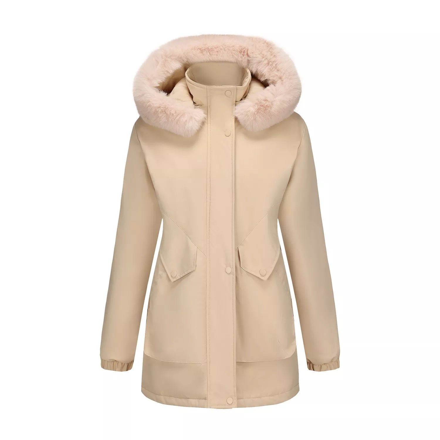 water-resistant winter parka with removable faux fur hood, quilted lining, and front pockets