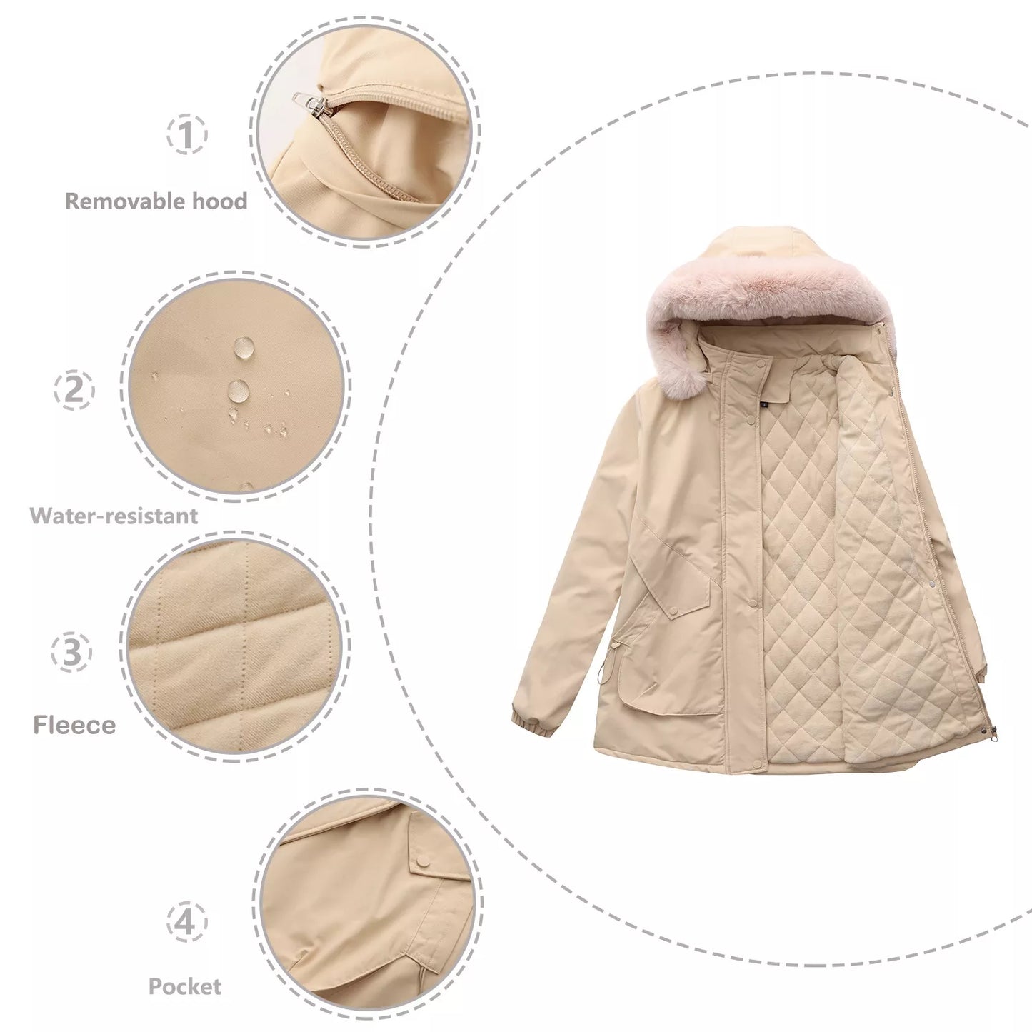 water-resistant winter parka with removable faux fur hood, quilted lining, and front pockets