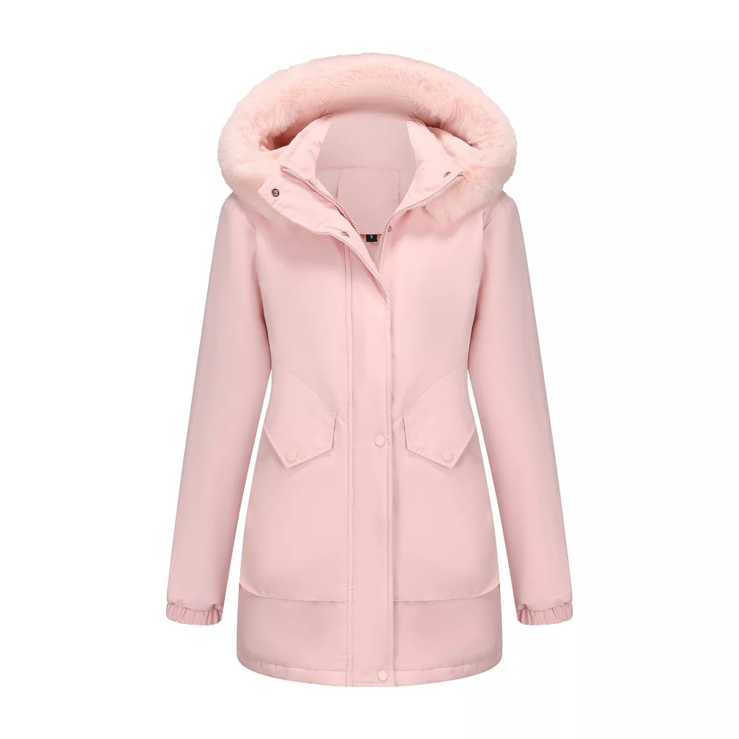 water-resistant winter parka with removable faux fur hood, quilted lining, and front pockets