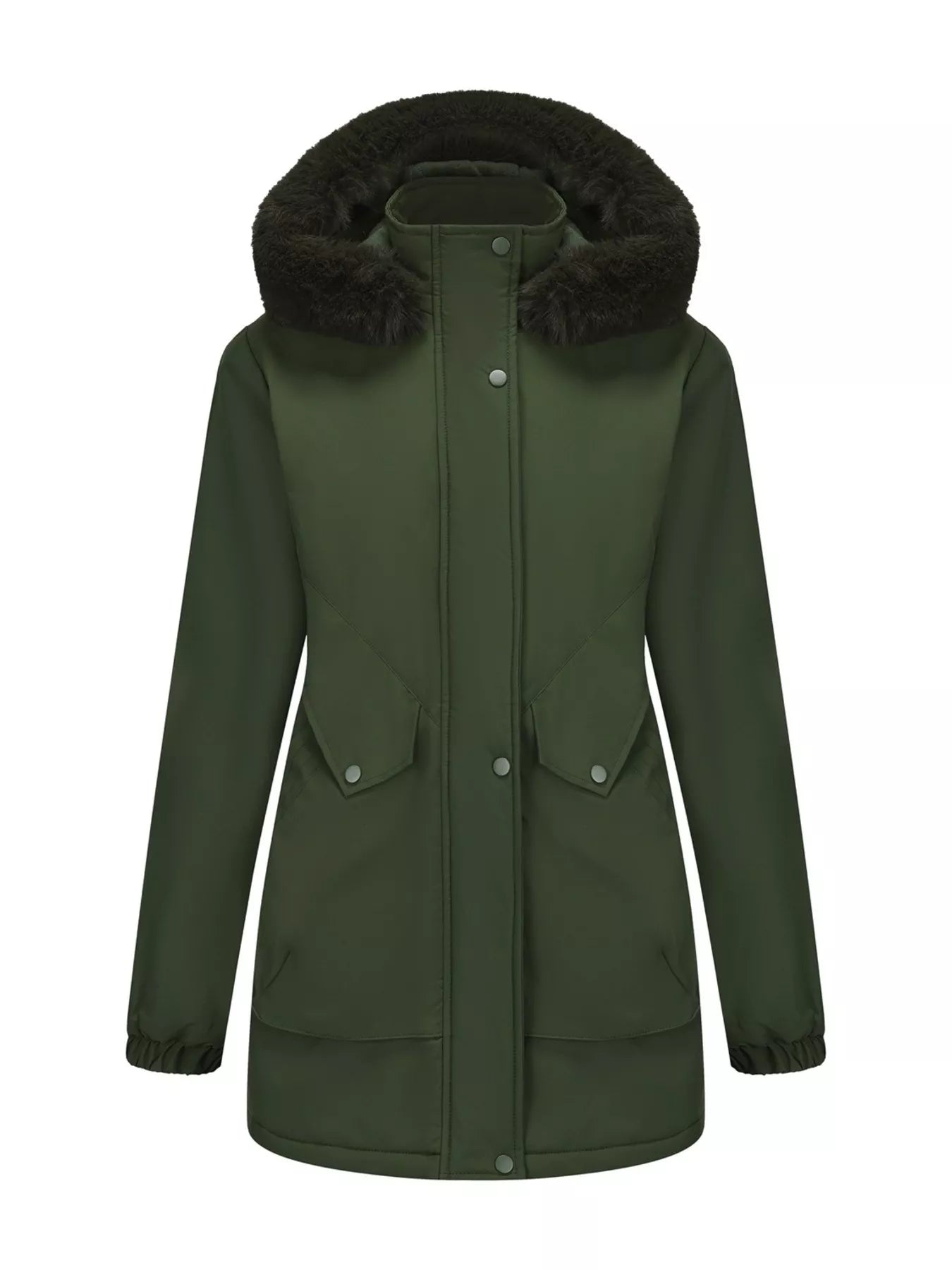 water-resistant winter parka with removable faux fur hood, quilted lining, and front pockets