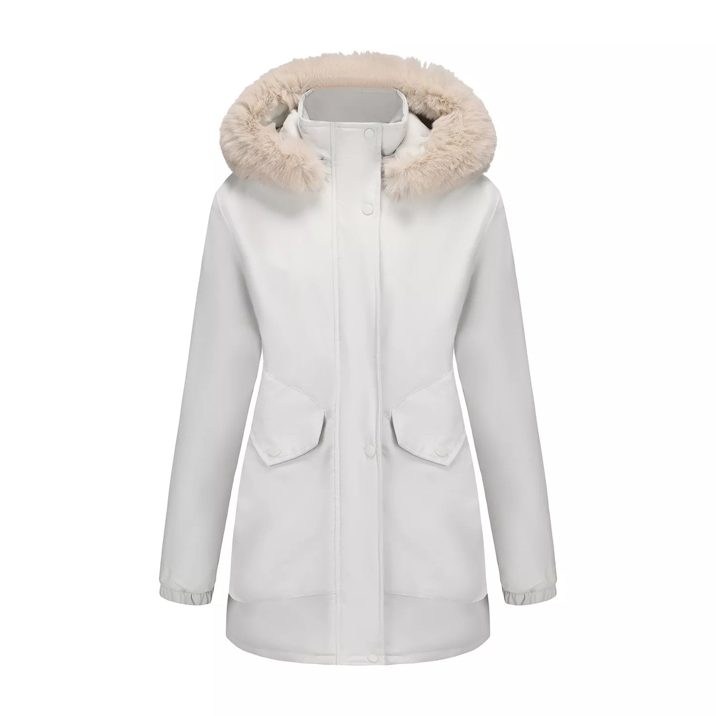 water-resistant winter parka with removable faux fur hood, quilted lining, and front pockets