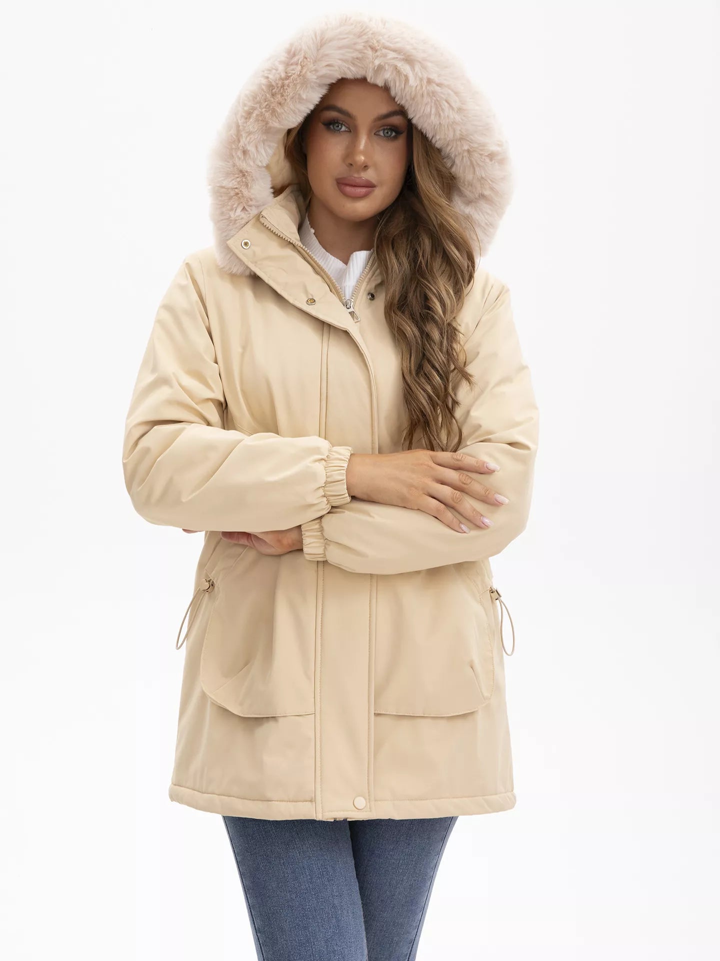 water-resistant winter parka with removable faux fur hood, quilted lining, and front pockets