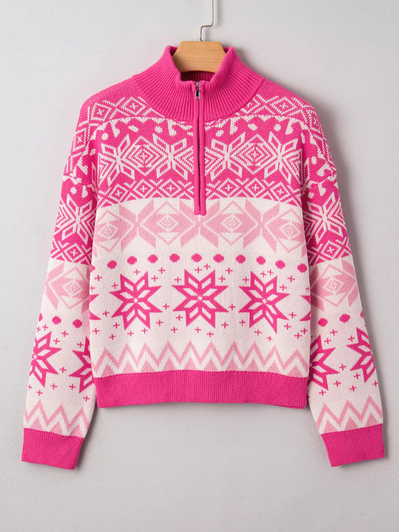 Frosted Fair Isle Half-Zip Sweater in pink and white with snowflake design