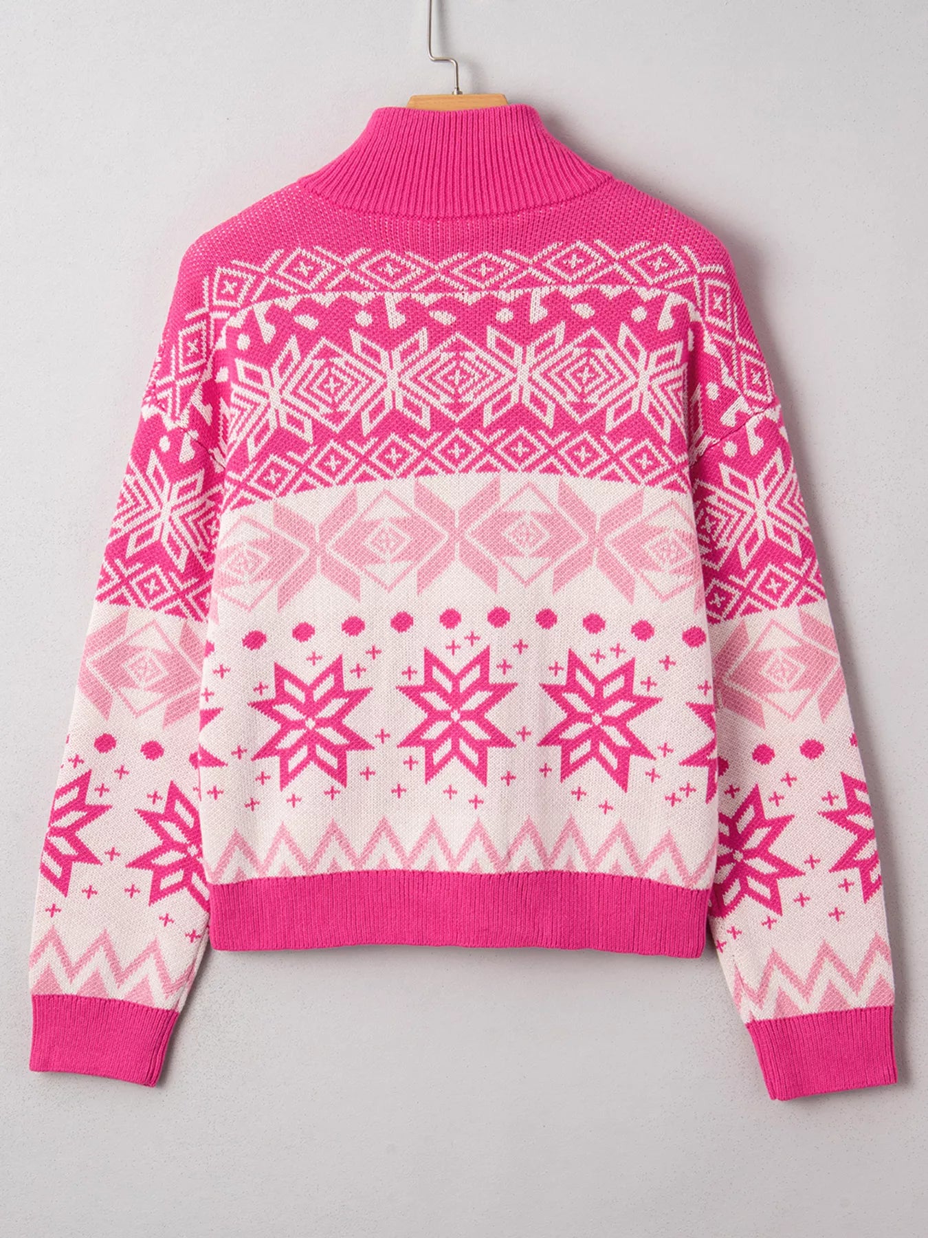 Frosted Fair Isle Half-Zip Sweater in pink and white with snowflake design