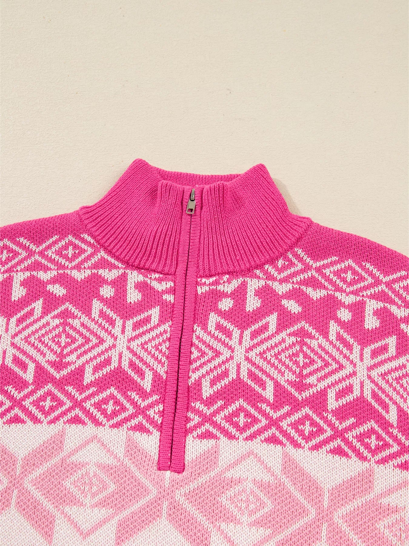 Frosted Fair Isle Half-Zip Sweater in pink and white with snowflake design