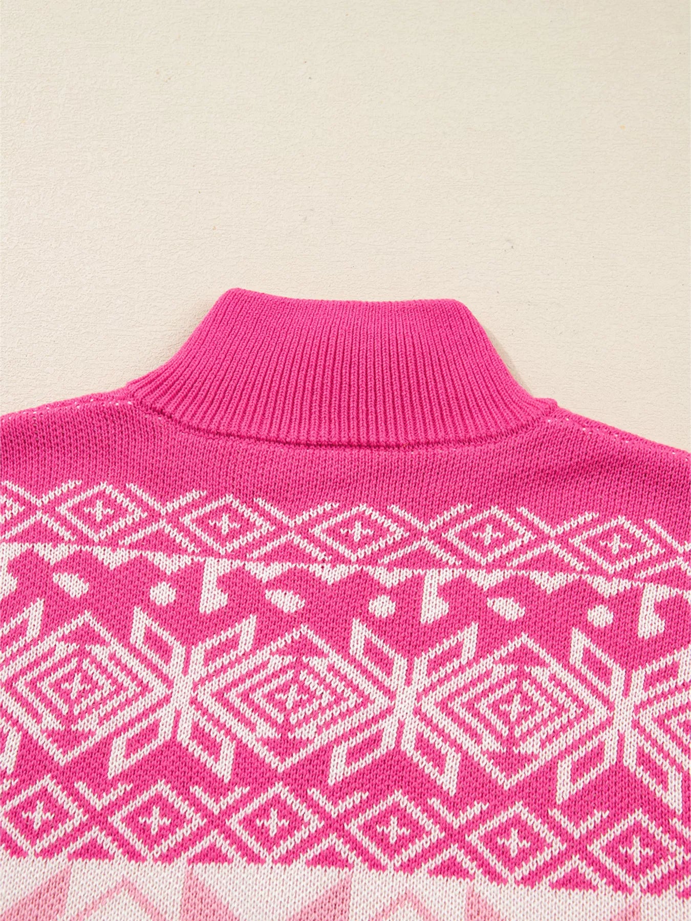 Frosted Fair Isle Half-Zip Sweater in pink and white with snowflake design